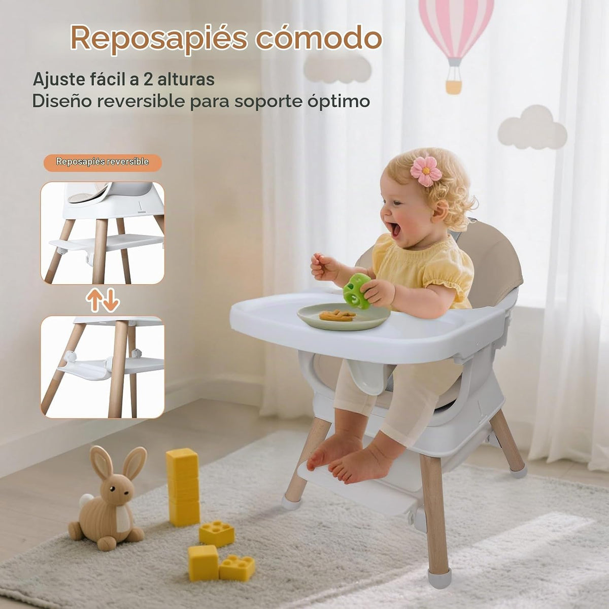 Silla alta convertible 9 en 1 con refuerzo, trona de madera para be...