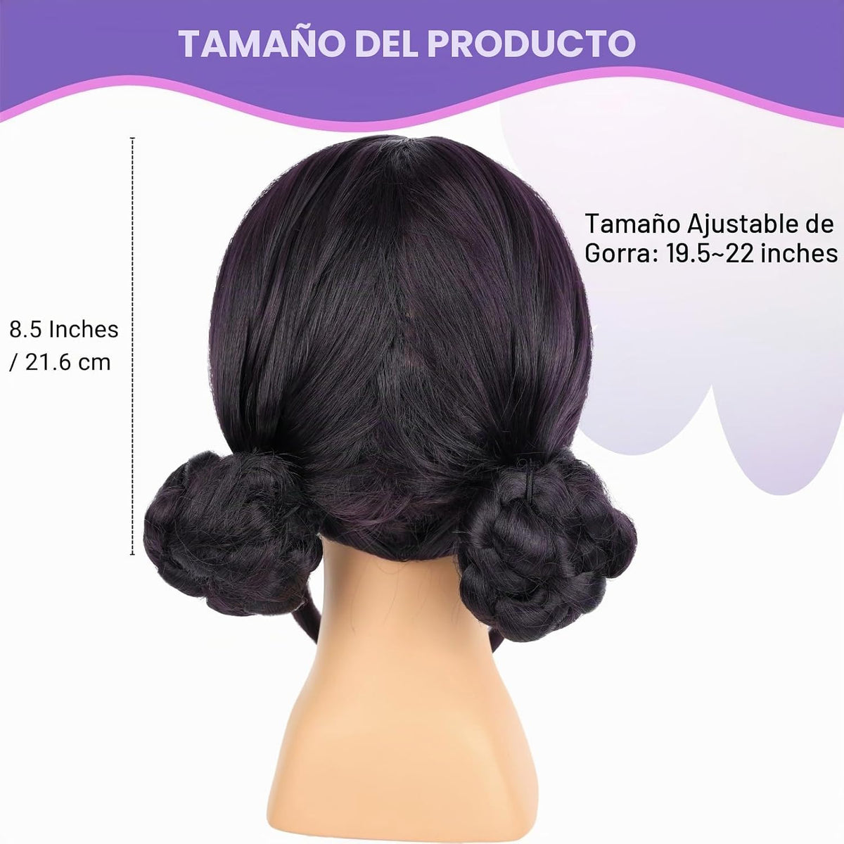 Peluca corta negra con dos moños, fibra de seda resistente al calor...