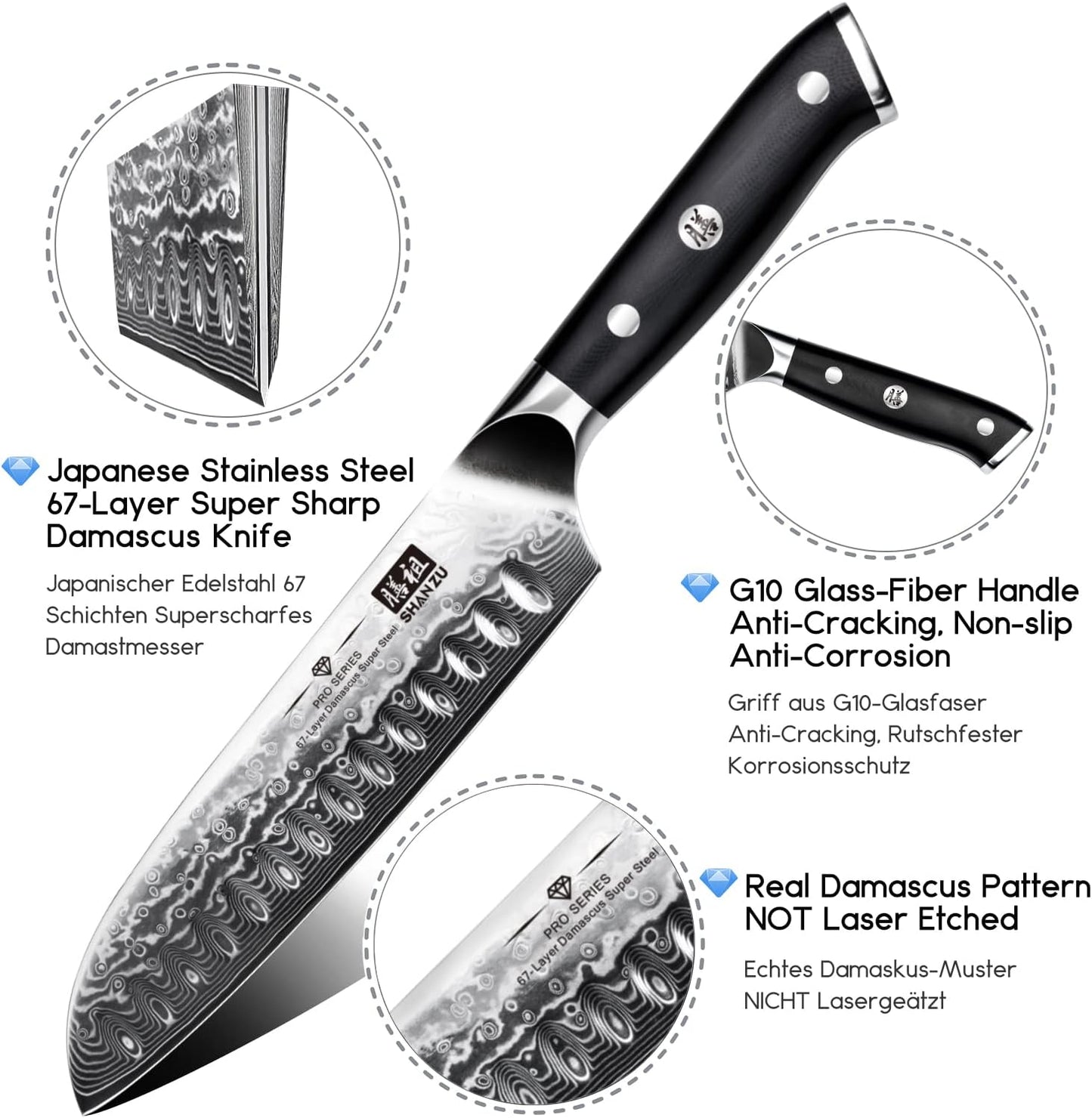 SHAN ZU Cuchillo de chef, Cuchillo de cocina Santoku de 7 pulgadas,...