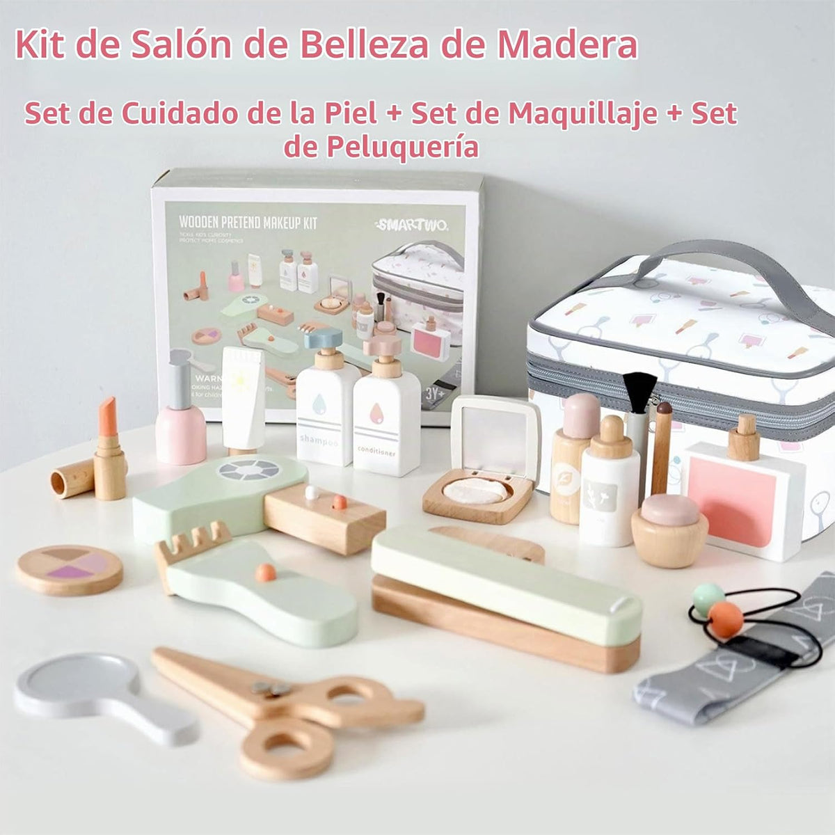 Smartwo Juego de 22 piezas de juguetes de maquillaje de madera para...