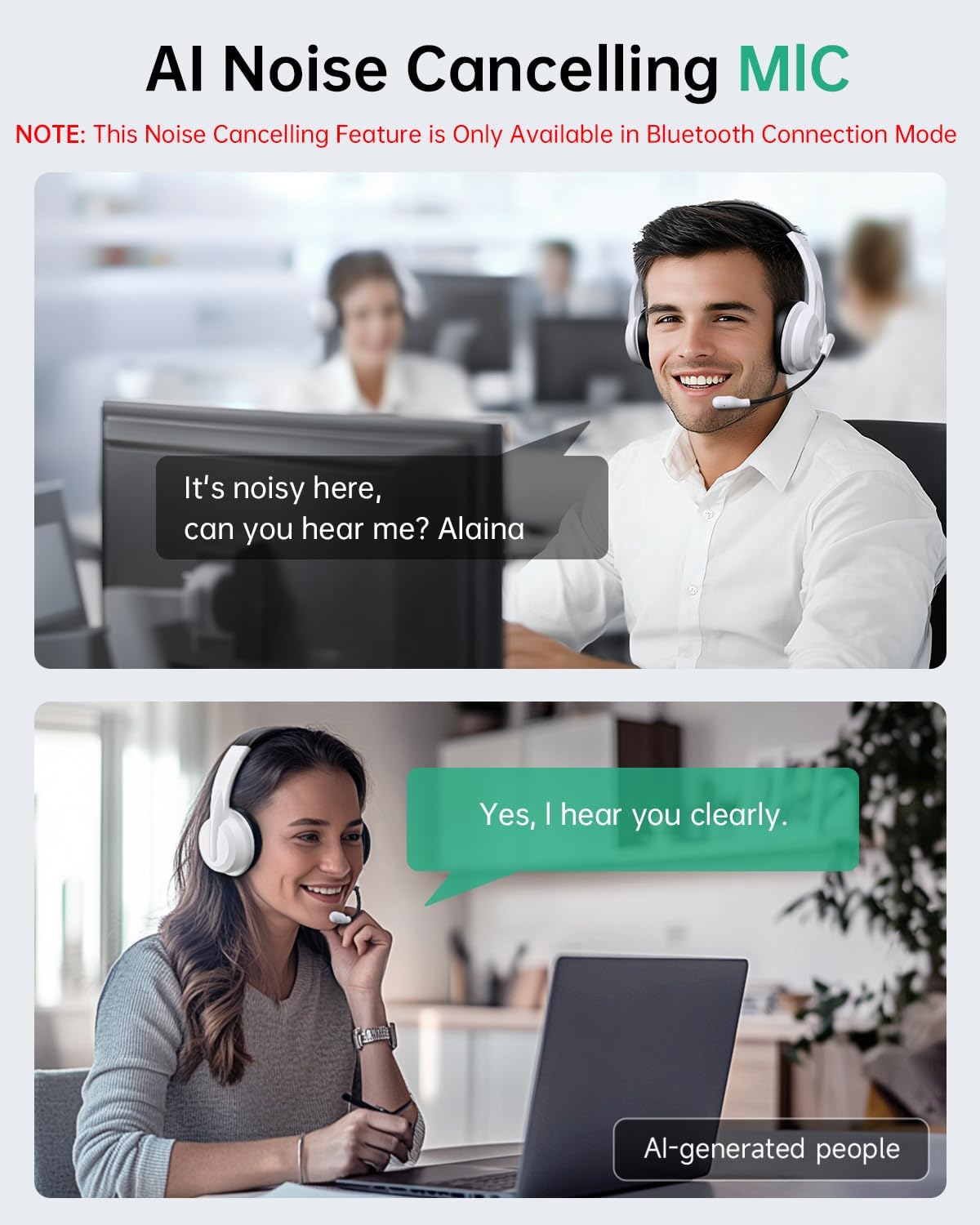 AOC Auriculares inalámbricos con micrófono para trabajo, cancelació...