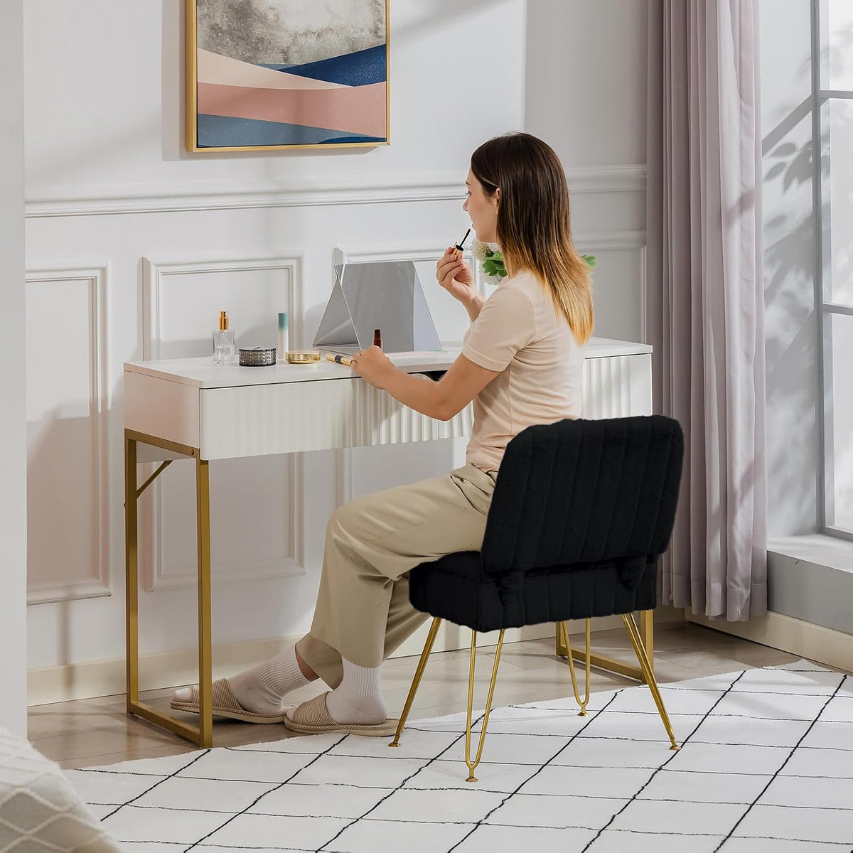 Manyday Silla de tocador con almacenamiento, cómoda otomana con res...