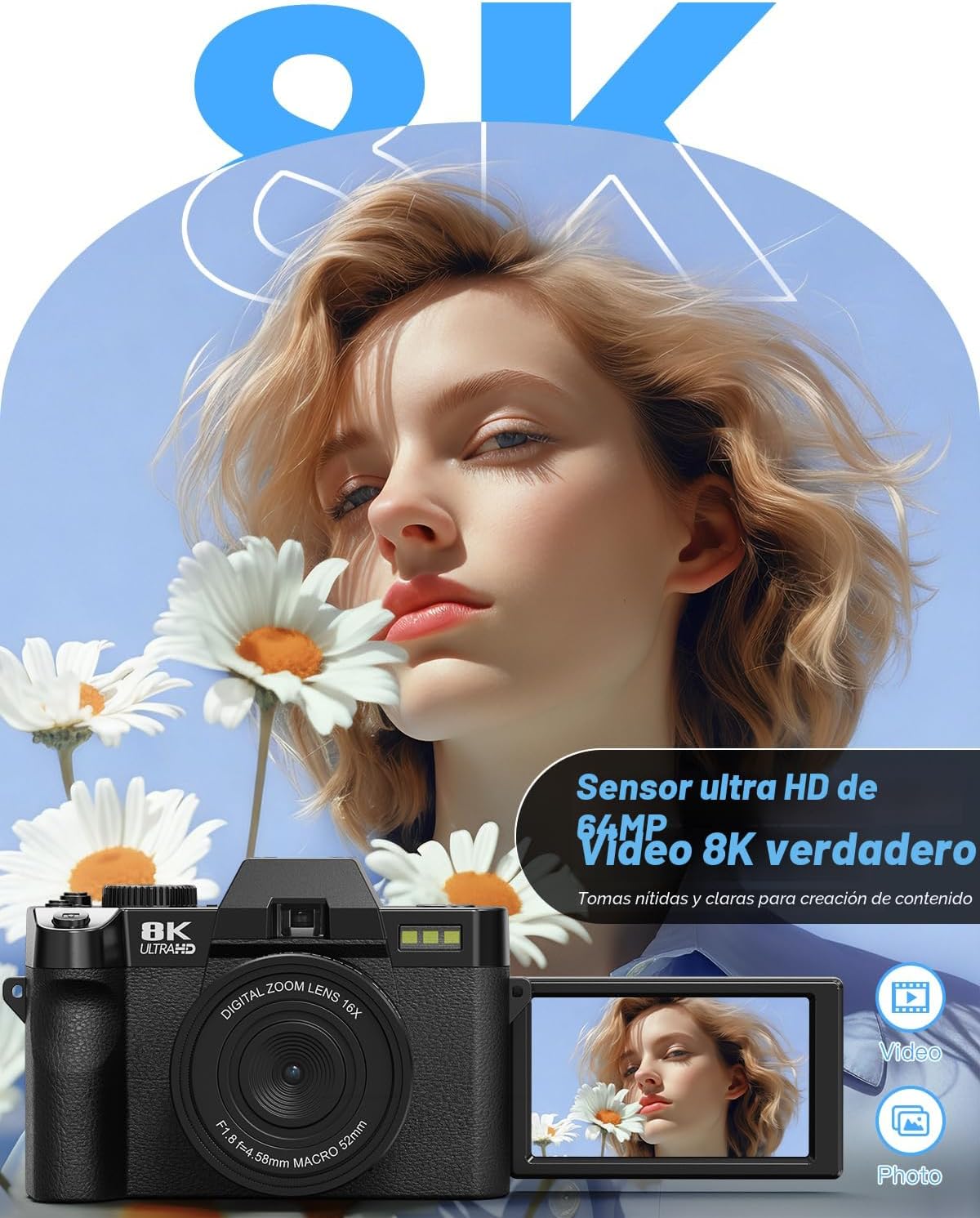 Cámaras digitales de 8K 64MP para fotografía, zoom 16X,3 filtros de...