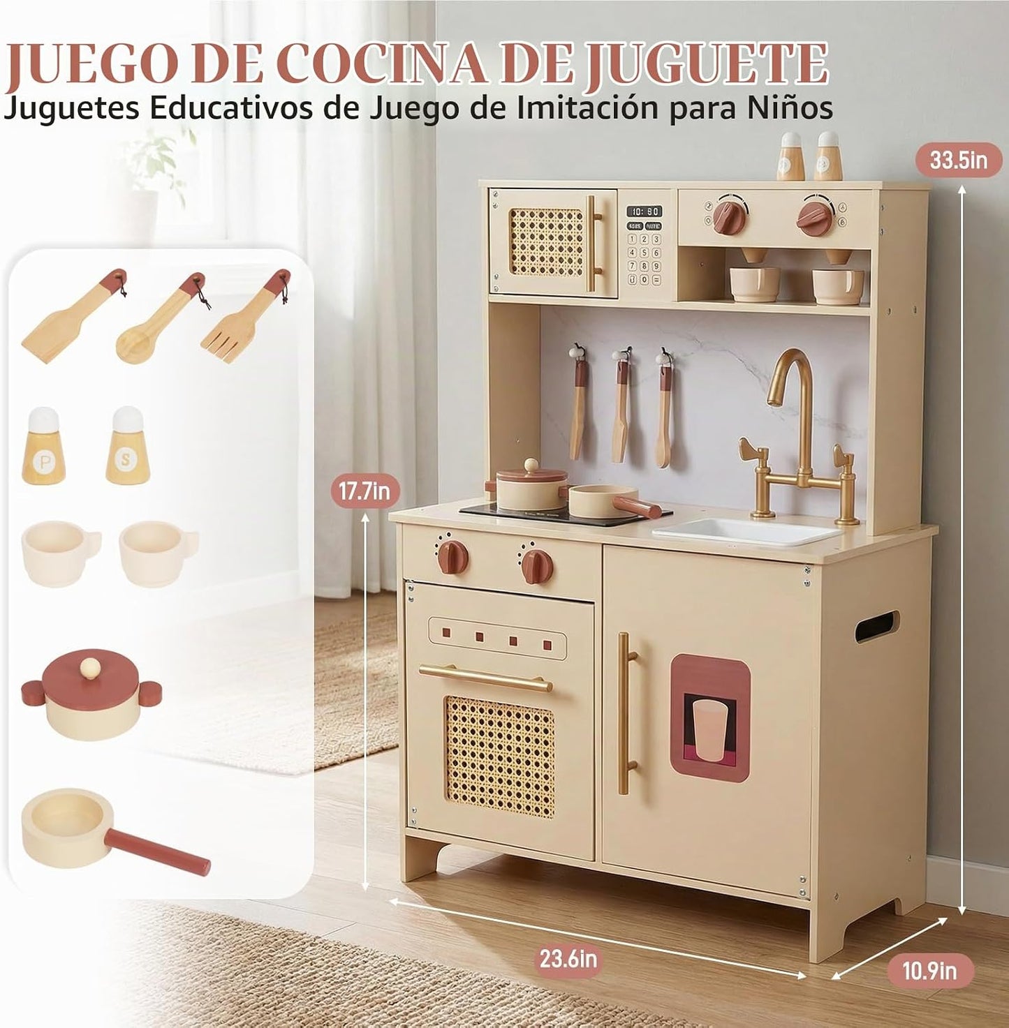 WoodenEdu Juego de cocina de madera para niños de 3 años, juego de...