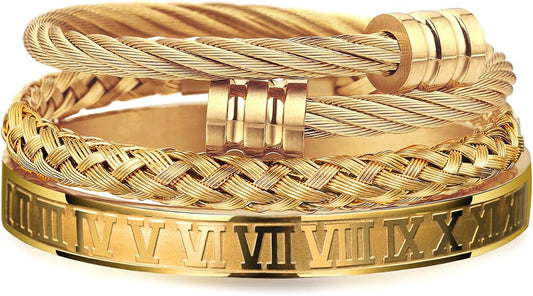 WFYOU 3 pulseras de acero inoxidable para hombres, pulseras de oro...