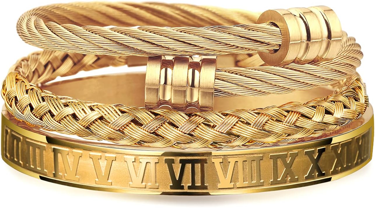 WFYOU 3 pulseras de acero inoxidable para hombres, pulseras de oro...