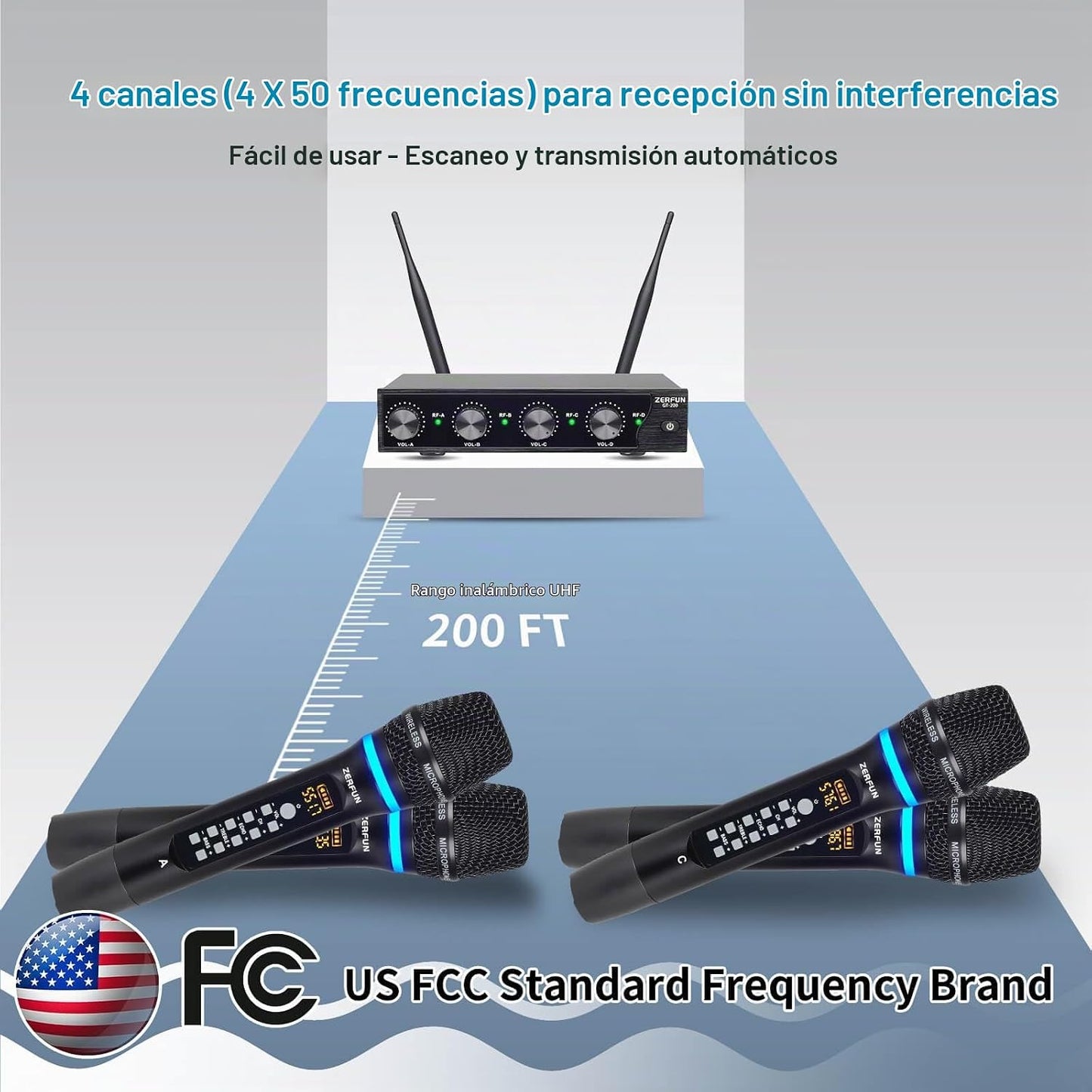 ZERFUN Sistema de Micrófono Inalámbrico Recargable de 4 Canales, Mi...