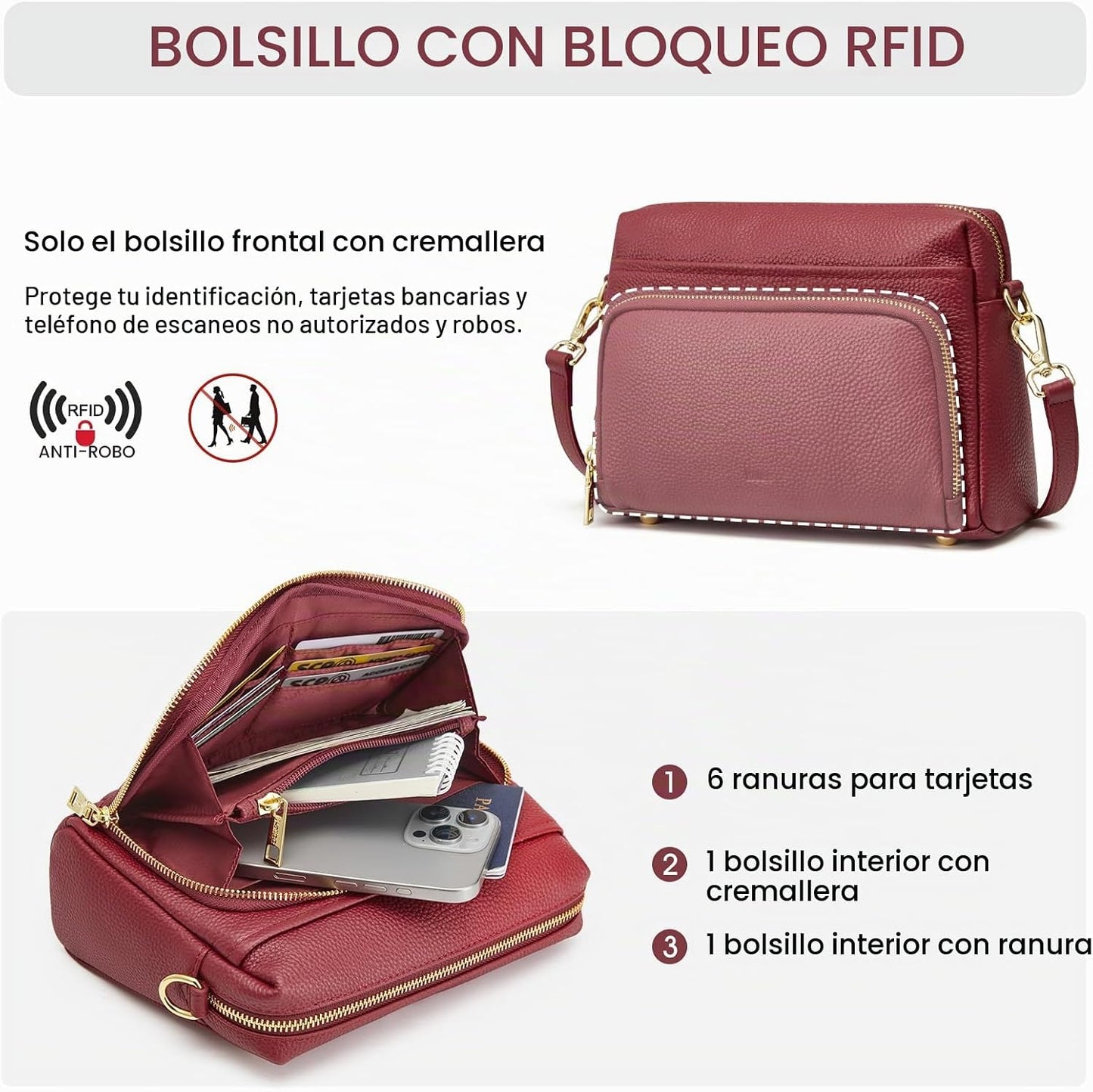 Kattee Bolso cruzado de cuero para mujer, pequeño, antirrobo, con c...