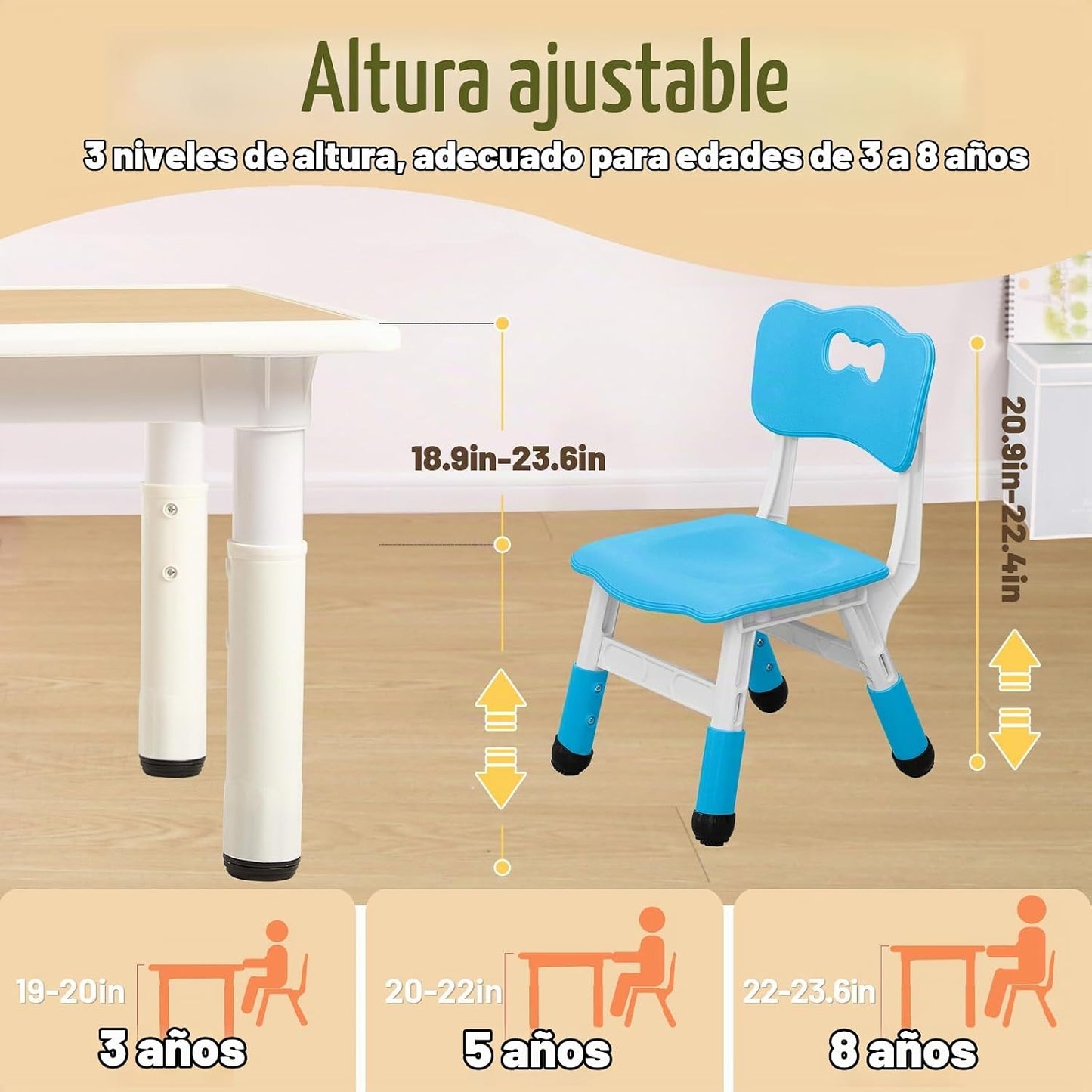 FUNLIO Juego de mesa y 4 sillas para niños de 3 a 8 años, juego de...