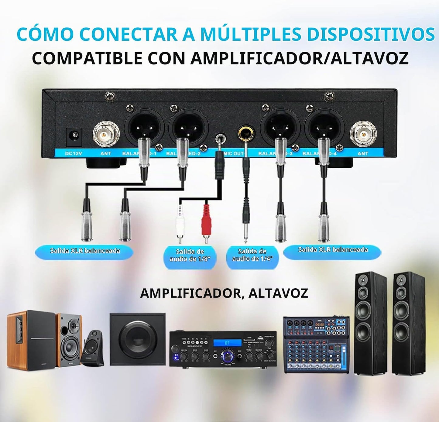 ZERFUN Sistema de Micrófono Inalámbrico Recargable de 4 Canales, Mi...