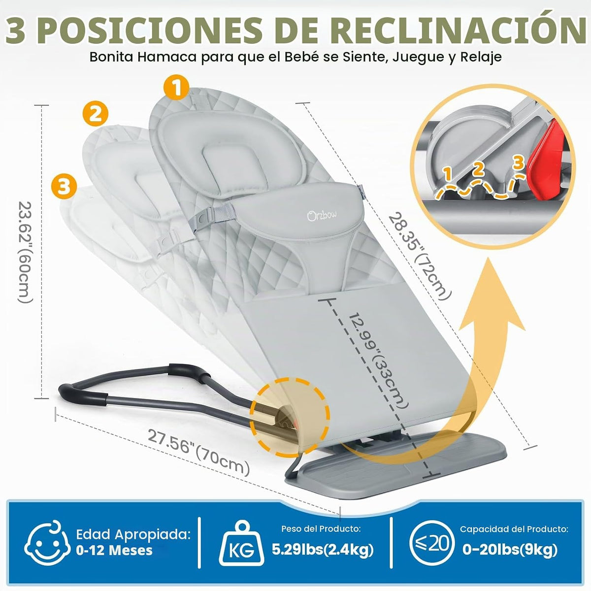 Orzbow Baby Bouncer, asiento portátil para bebés de 0 a 12 meses, h...