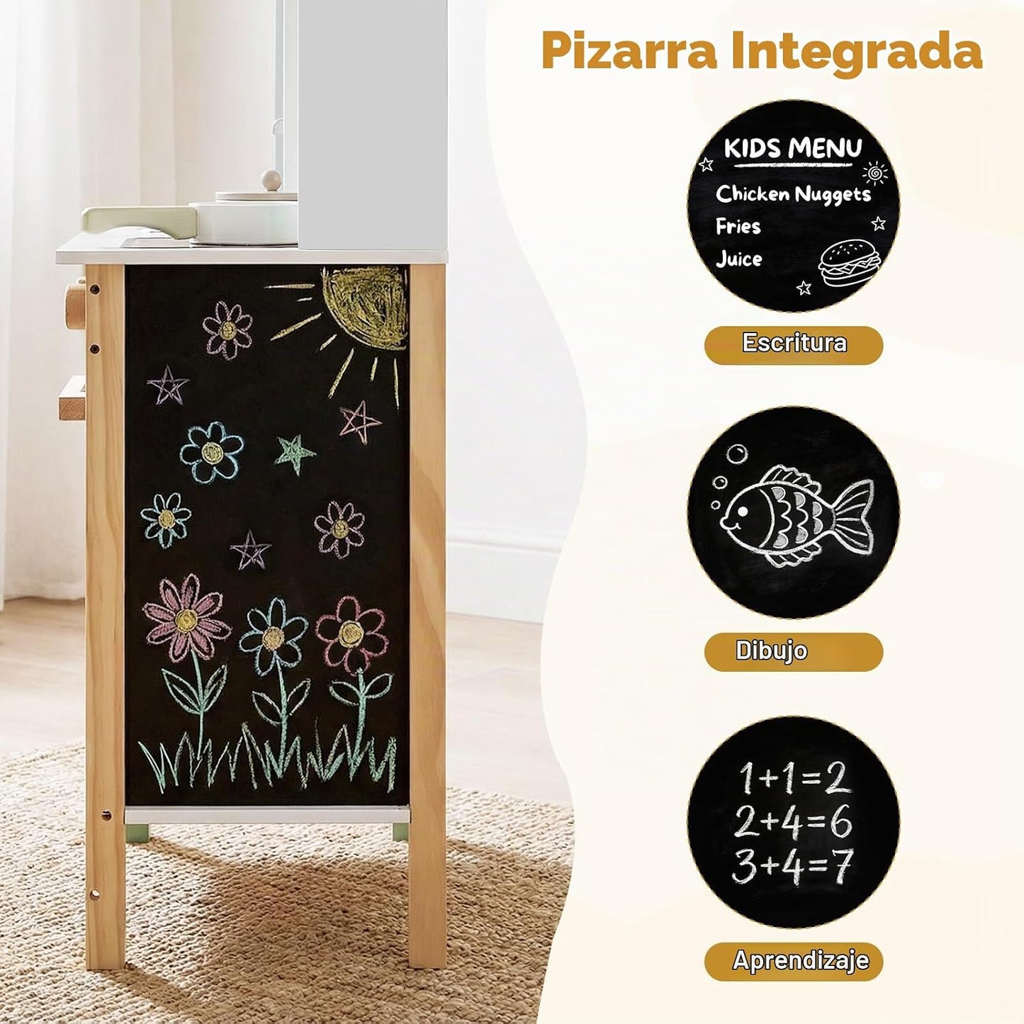 HONEY JOY Juego de cocina con pizarra, juego de cocina de madera pa...