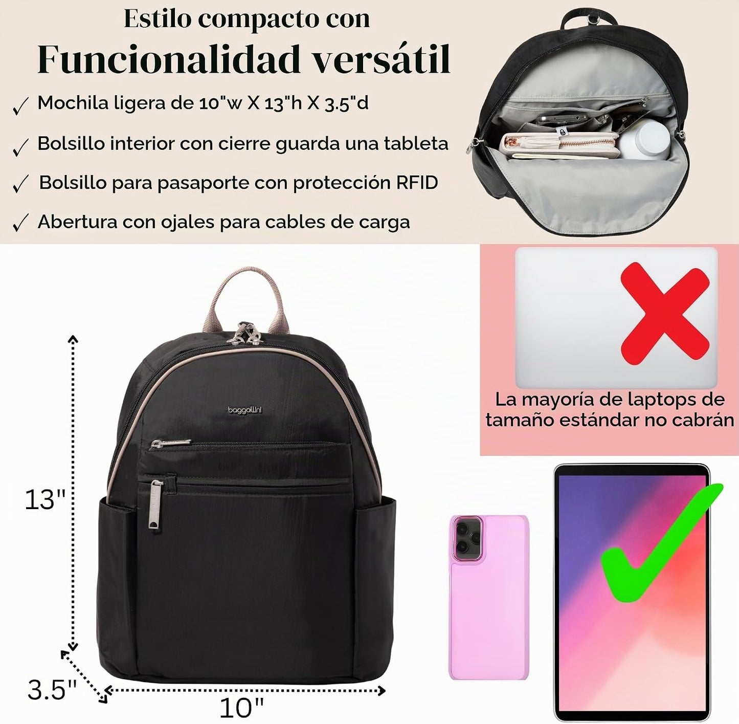 Securtex® Mochila antirrobo de viaje de vacaciones de 10 x 13 pulga...