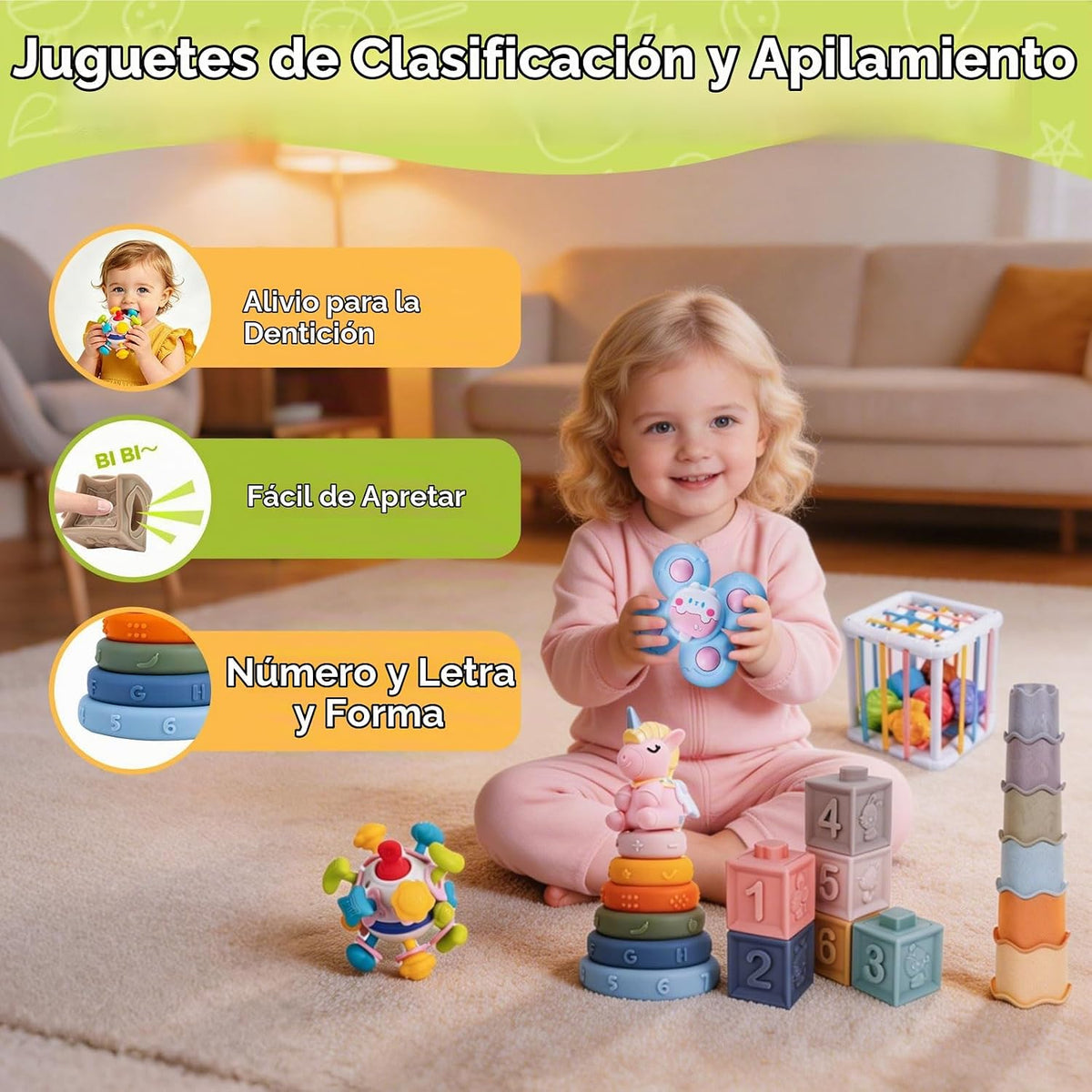 Juguetes de dentición para bebés de 6 a 12 meses, juguetes apilable...