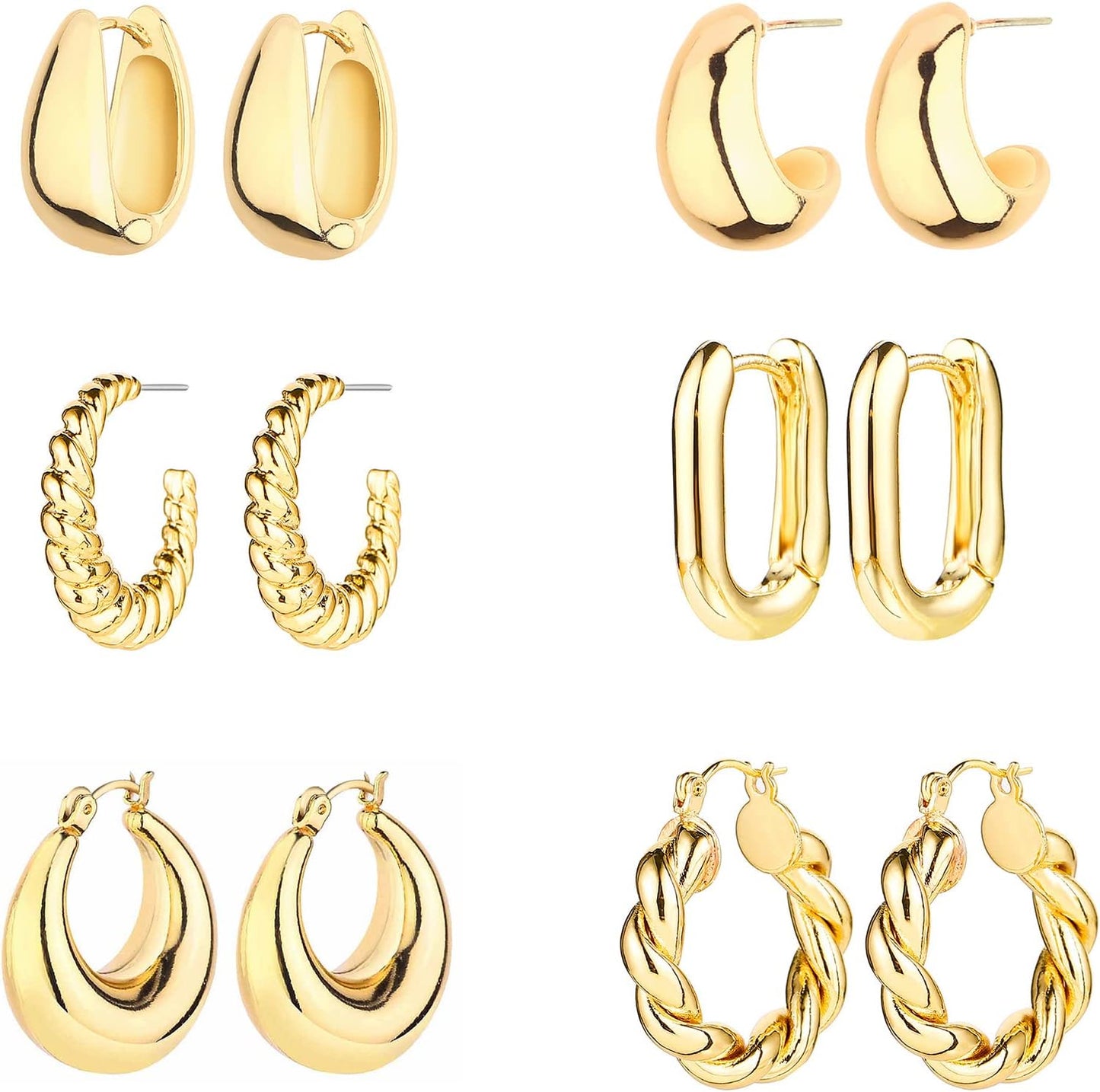 6 pares de aretes de aro chapados en oro de 14 quilates para mujer,...