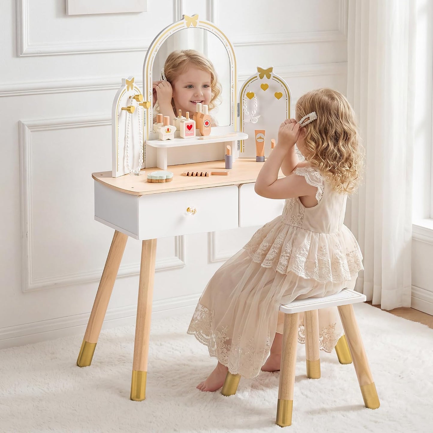ROBUD Juego de mesa y silla para niños, juego de tocador para niñas...