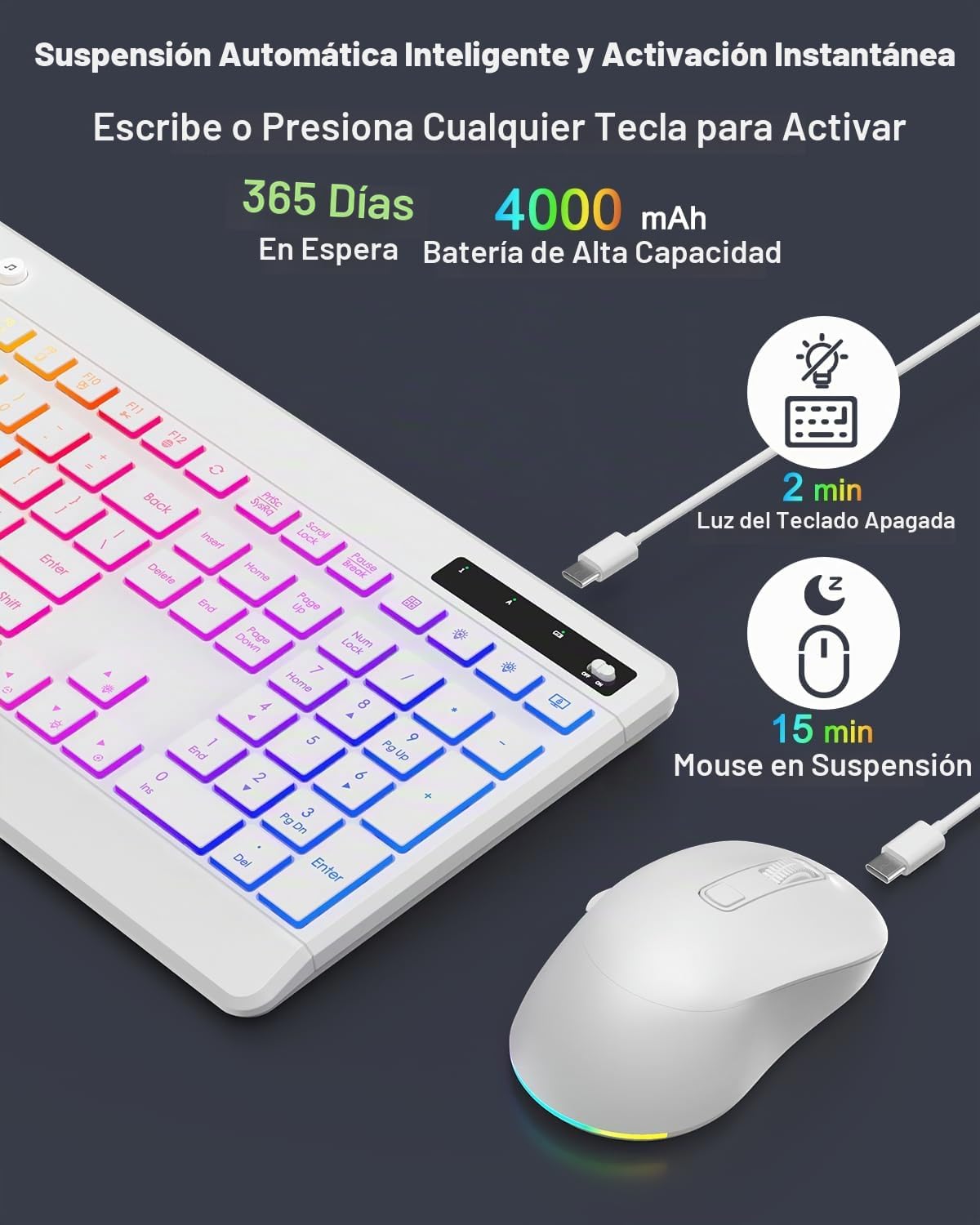 EDJO Combo de teclado y mouse inalámbricos, 10 efectos retroilumina...