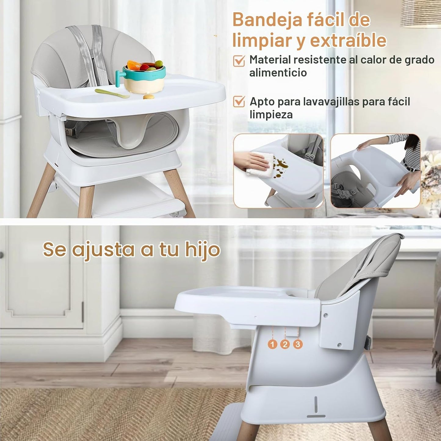 Silla alta convertible 9 en 1 con asiento elevador, trona de madera...