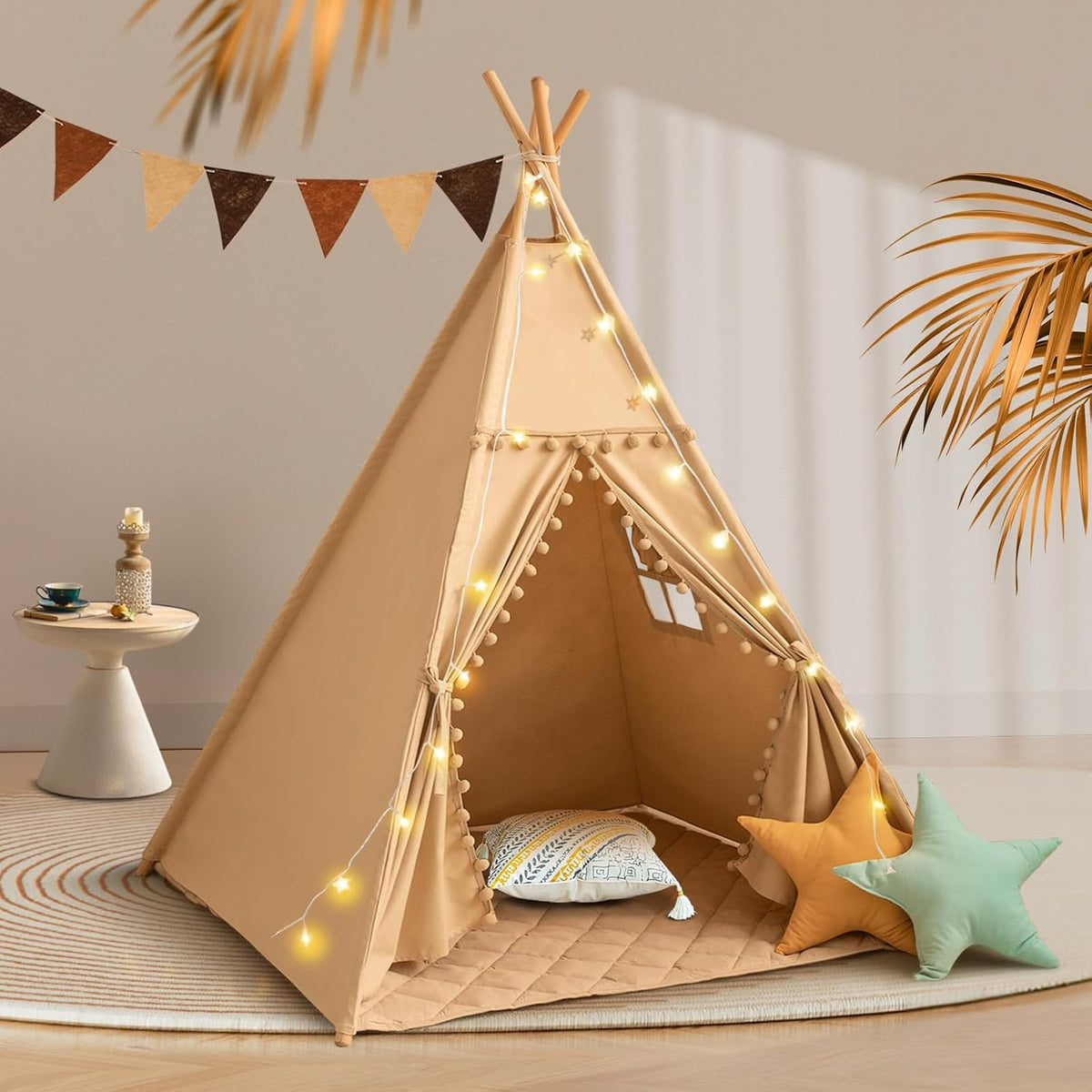 WIRHAO Tienda de campaña tipi para niños con alfombra, lona de algo...