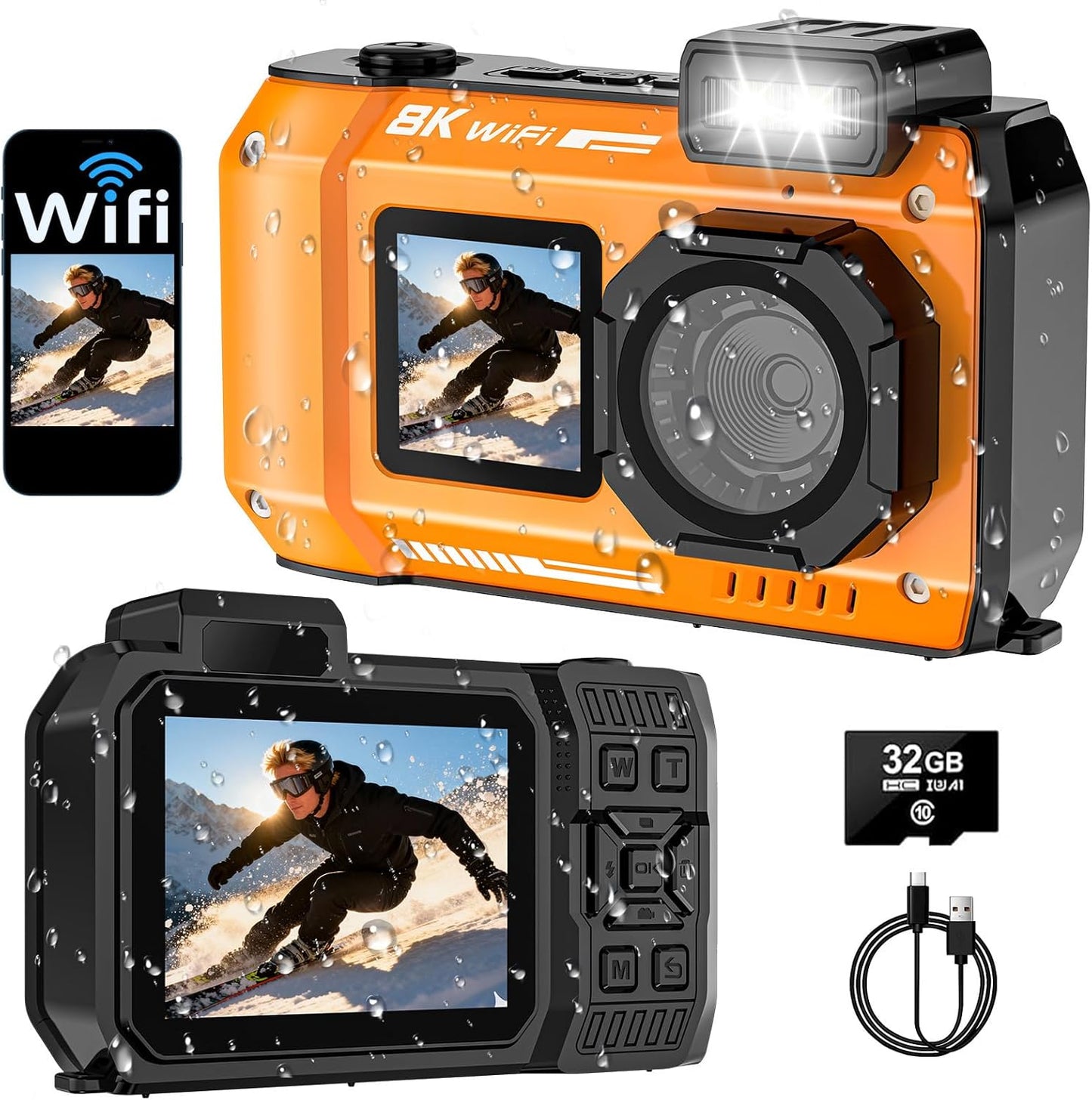 Cámara subacuática 8K, cámara digital impermeable WiFi de 70MP 33FT...