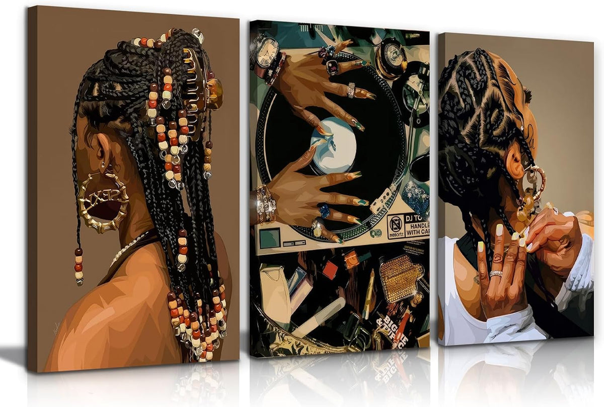 3 piezas de lienzo enmarcado de mujer negra, arte de pared de mujer...