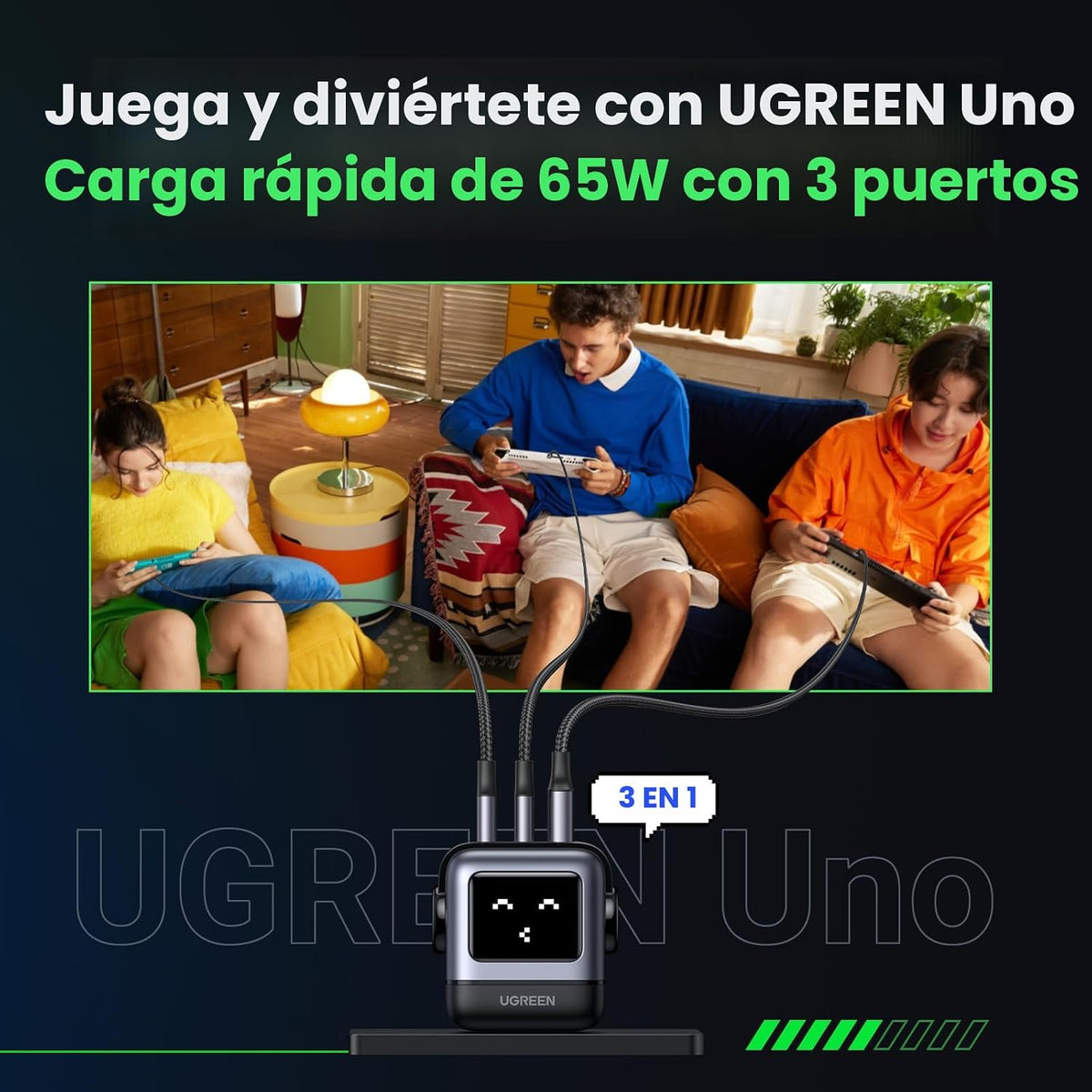 UGREEN Uno - Adaptador de cargador USB C de 65 W, 3 puertos, bloque...
