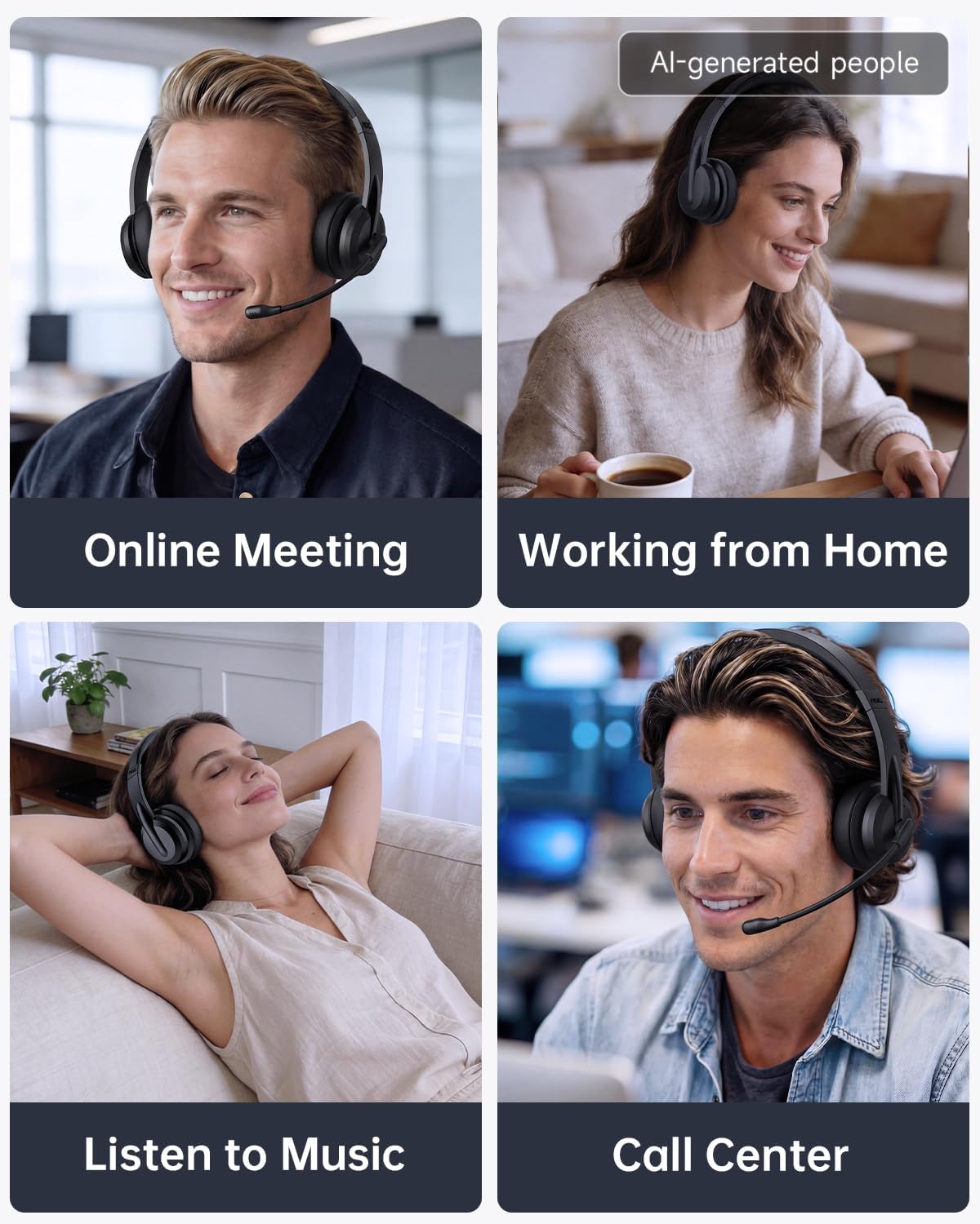 AOC Auriculares inalámbricos con micrófono para el trabajo, auricul...
