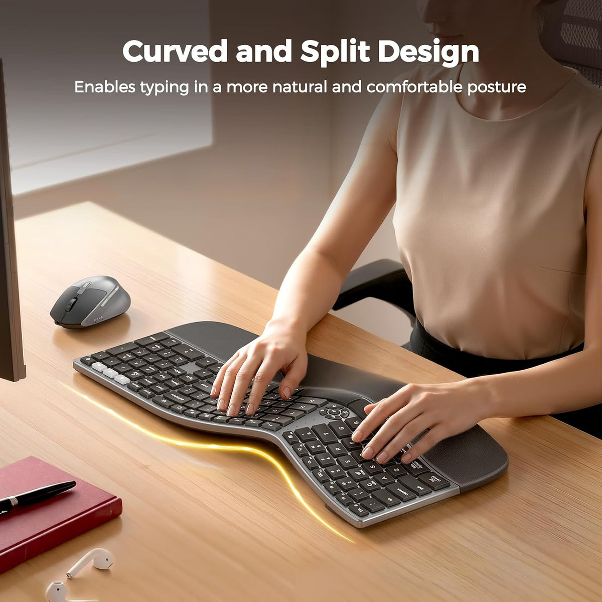 MEETION Teclado y mouse ergonómicos, teclado curvado dividido 2.4G...