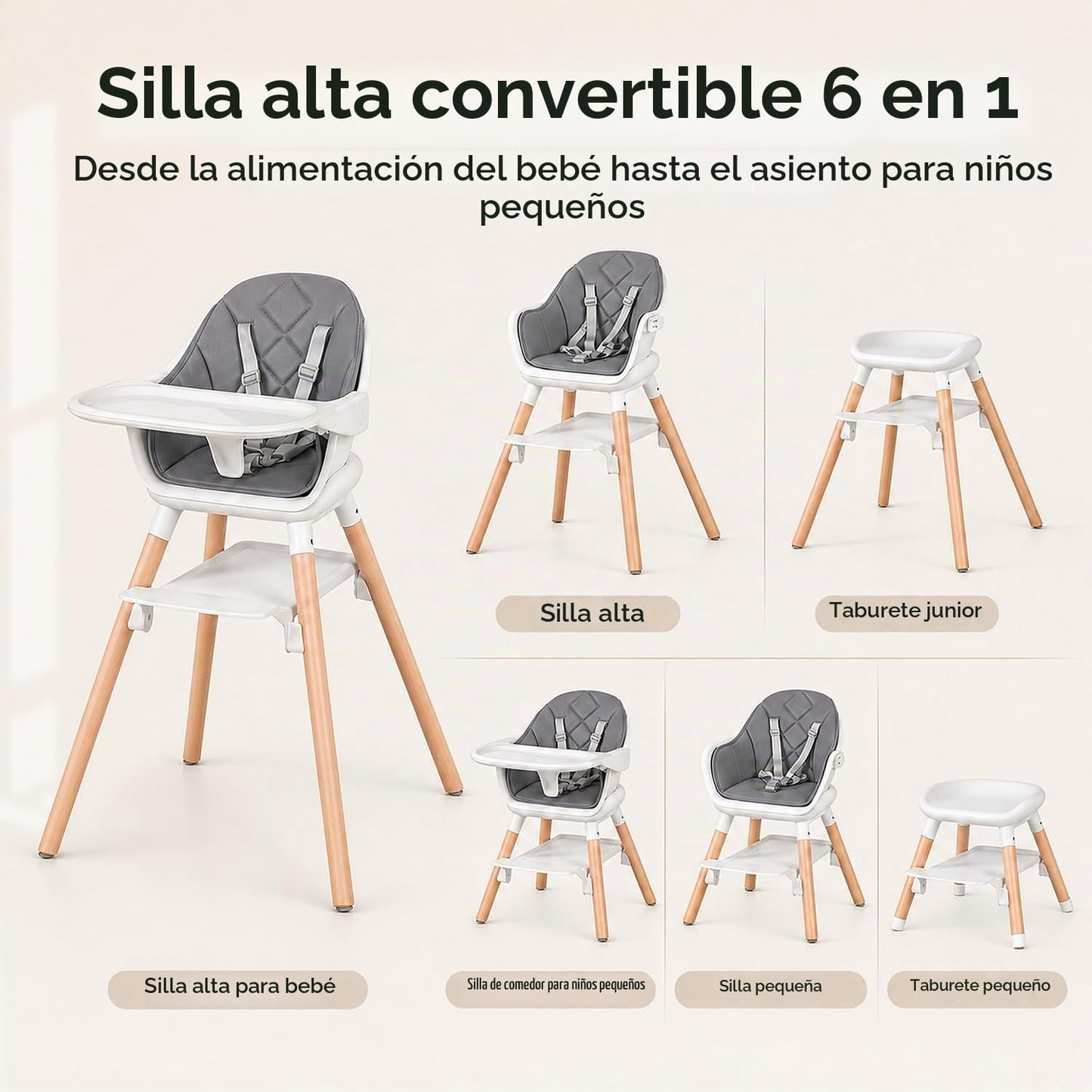 DDIOYIUR Silla alta convertible 6 en 1 para bebé, patas de madera d...