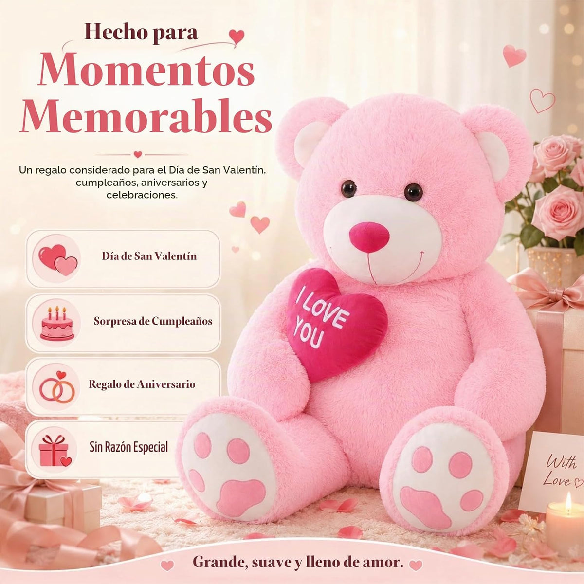 BENINY Oso de peluche gigante rosa de 52 pulgadas con corazón, pelu...