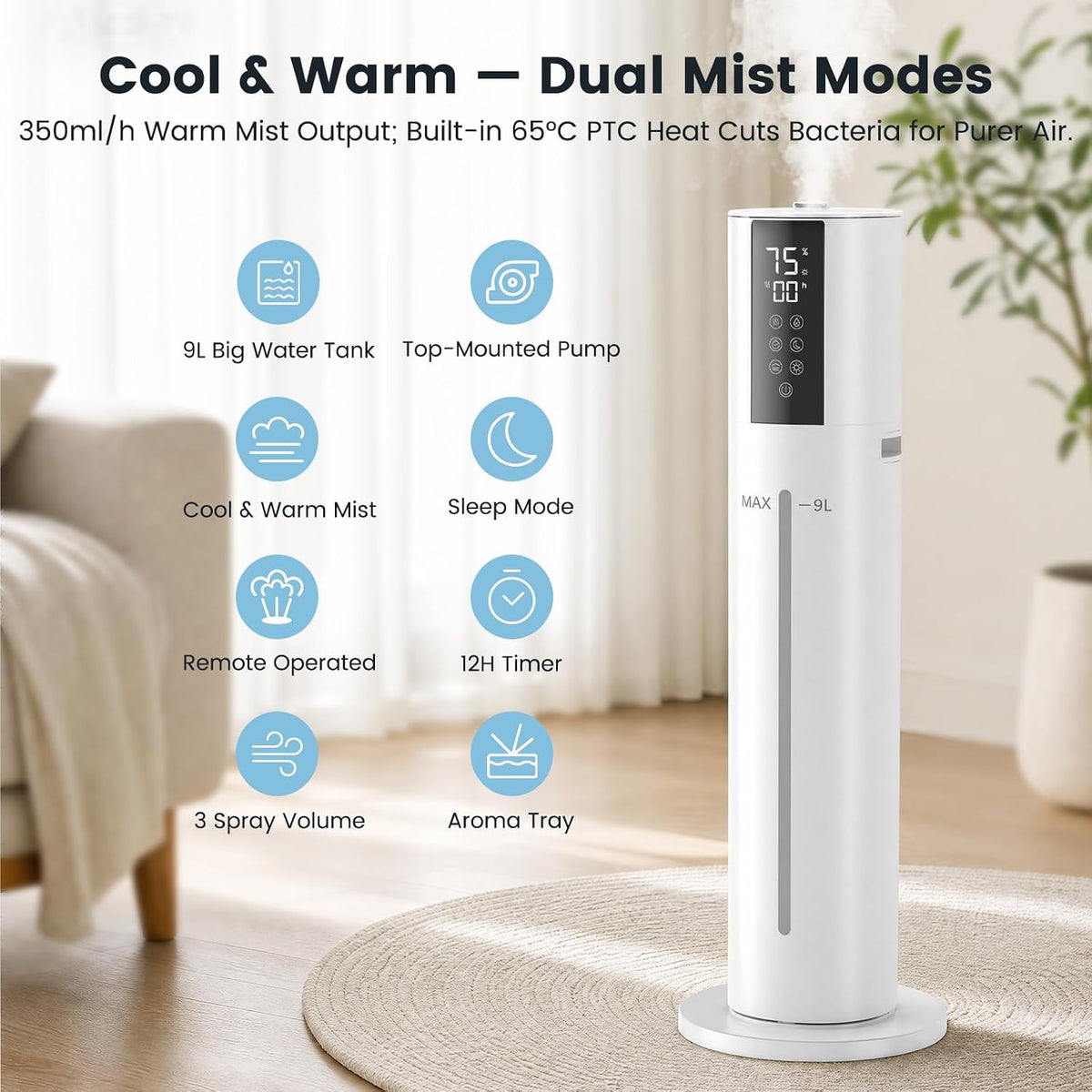 Electactic Humidificador ultrasónico de 9L, niebla fría y cálida, c...