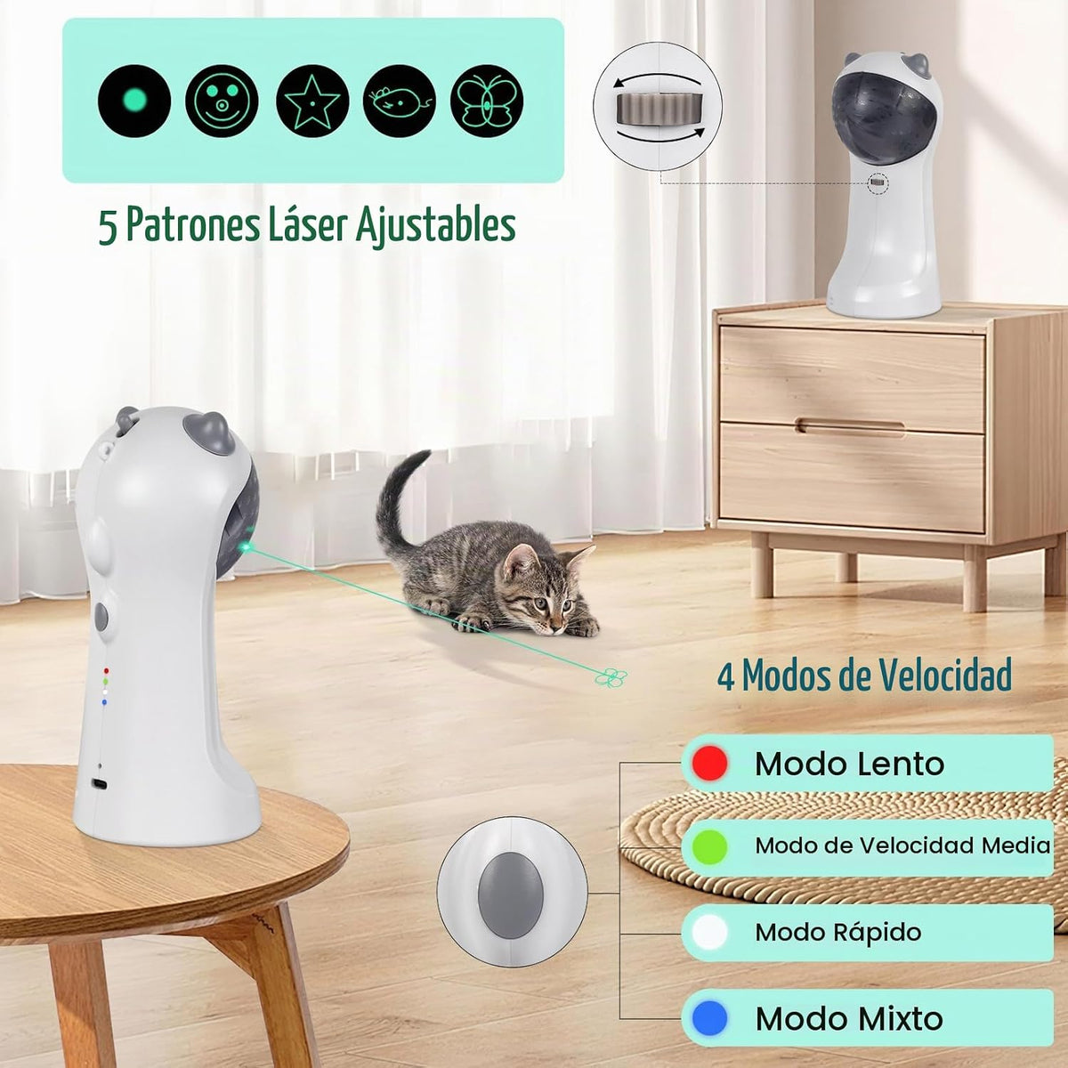 TBTeek Juguete automático para gatos con luz verde, 5 patrones dive...