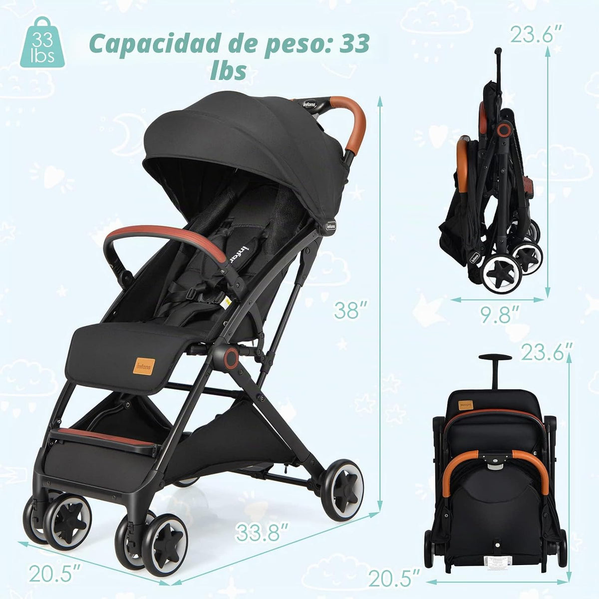 INFANS Cochecito de bebé ligero, compacto con plegado con una sola...