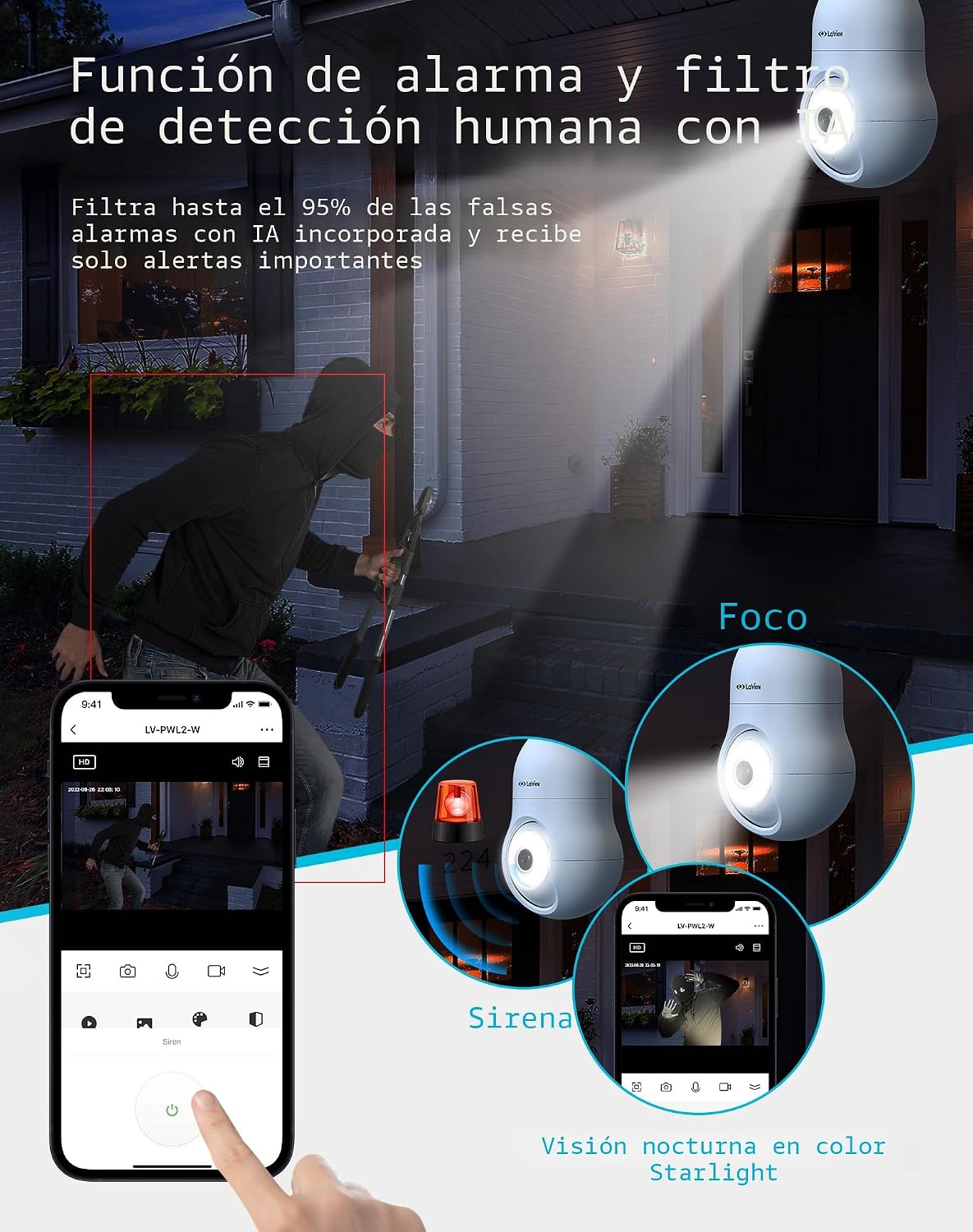 LaView Cámara de seguridad con bombilla de 4MP 2.4GHz, cámaras de s...