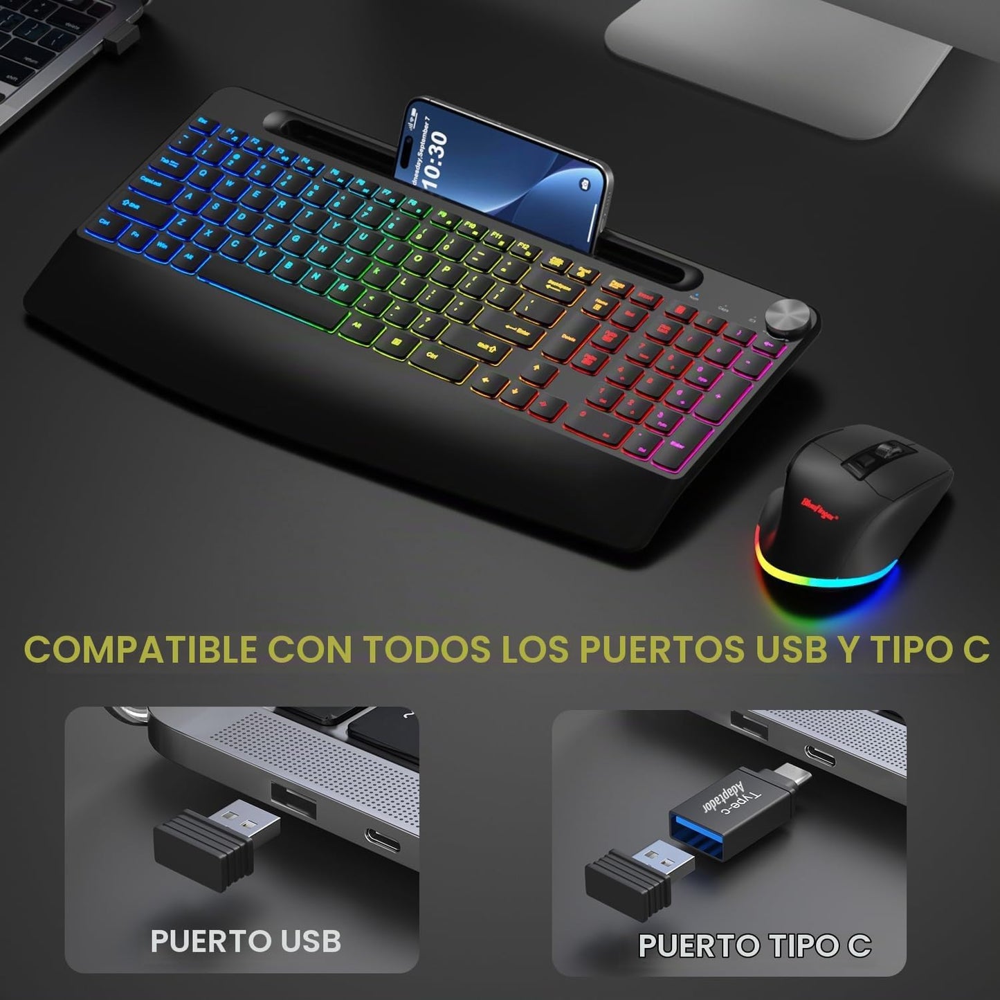 BlueFinger Combo de teclado y mouse inalámbricos retroiluminados, t...