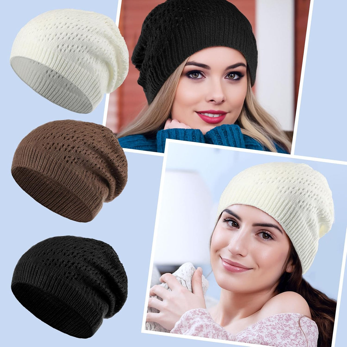Newcotte Gorro de ganchillo holgado para mujer, hecho a mano, diseñ...