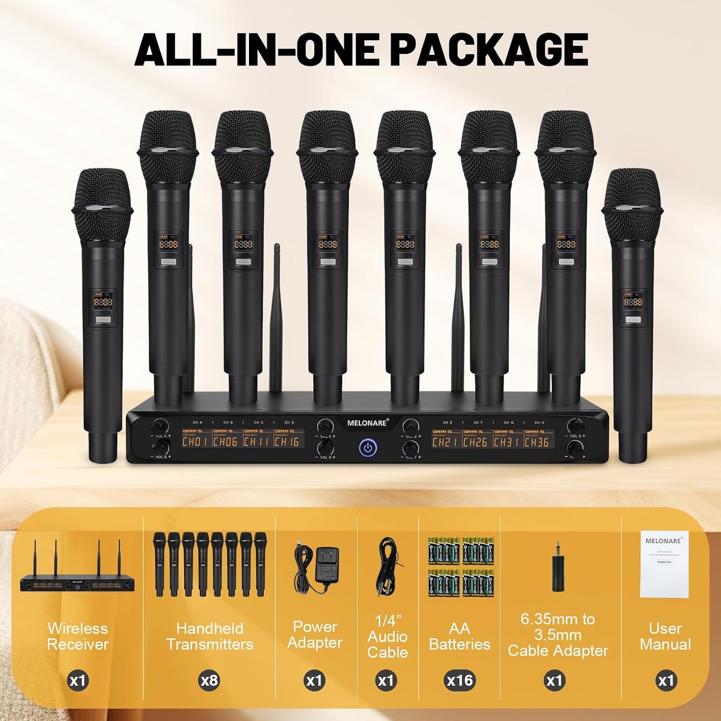 MELONARE Sistema de micrófono inalámbrico de 8 canales UHF 500MHz M...