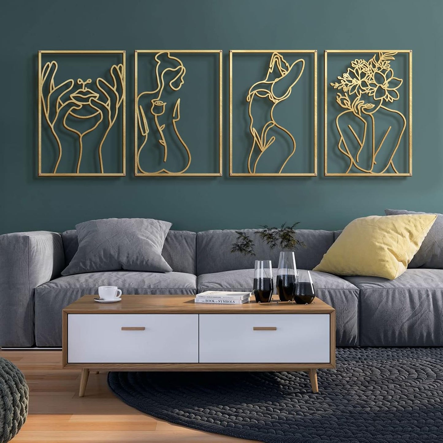 Glamativity Paquete de 4 decoraciones de pared doradas, arte minima...
