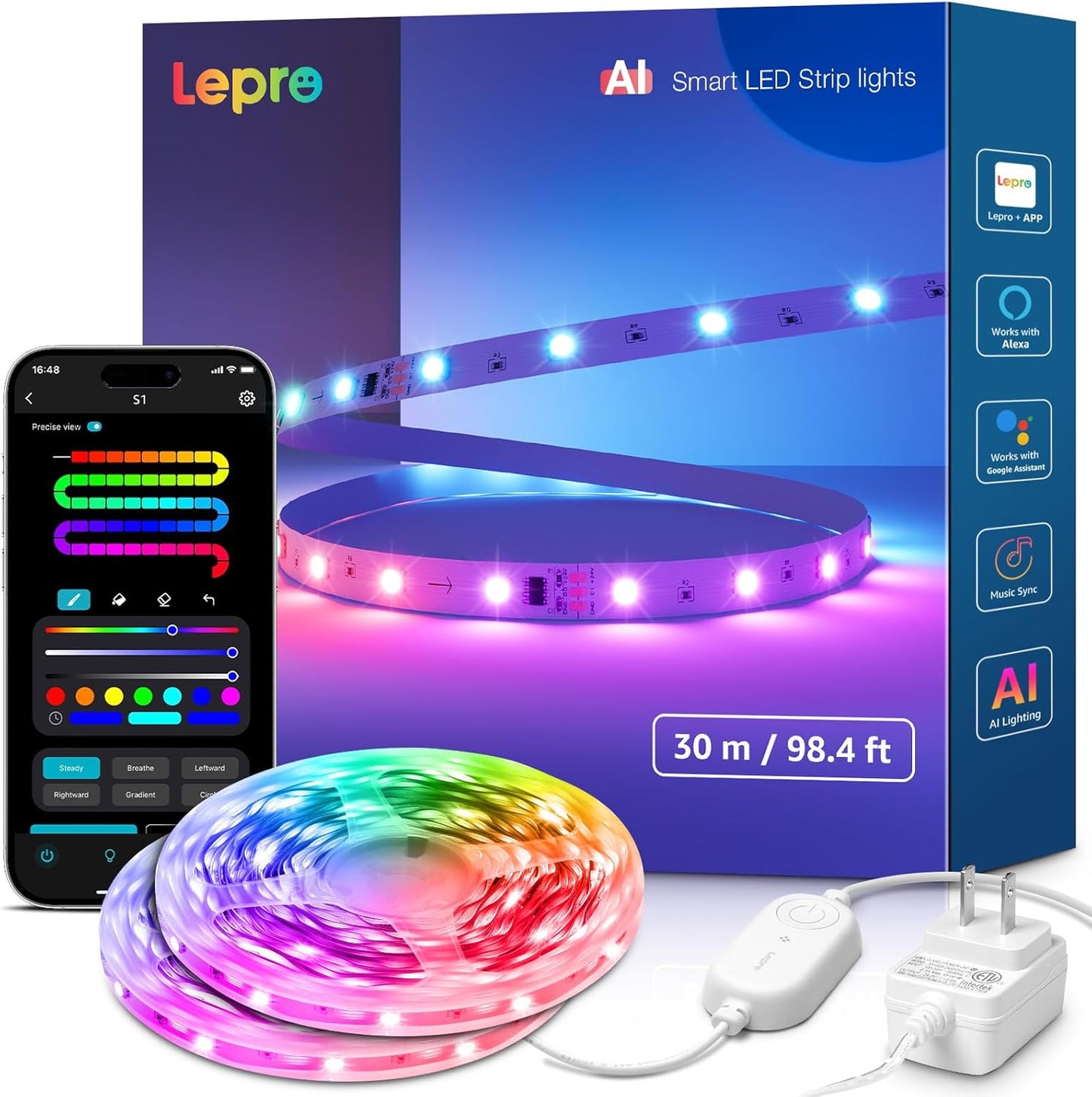 Lepro S1 - Tira de luces LED AI para dormitorio, 100 pies (2 rollos...