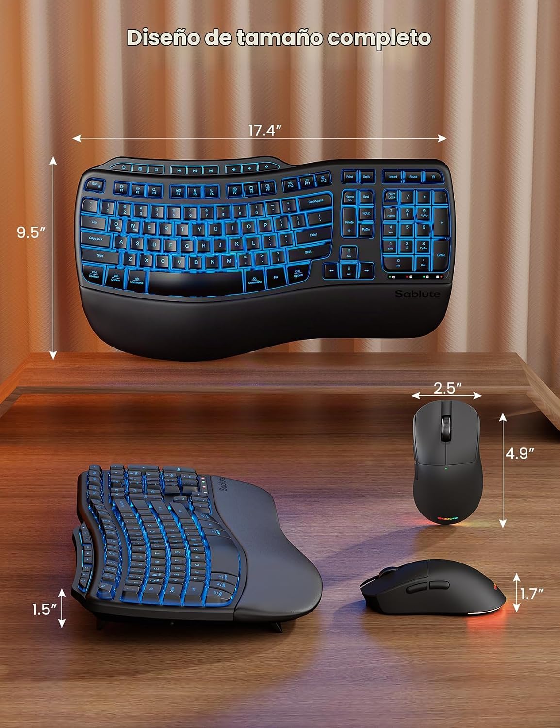 Combo ergonómico de teclado y mouse inalámbricos, teclado retroilum...