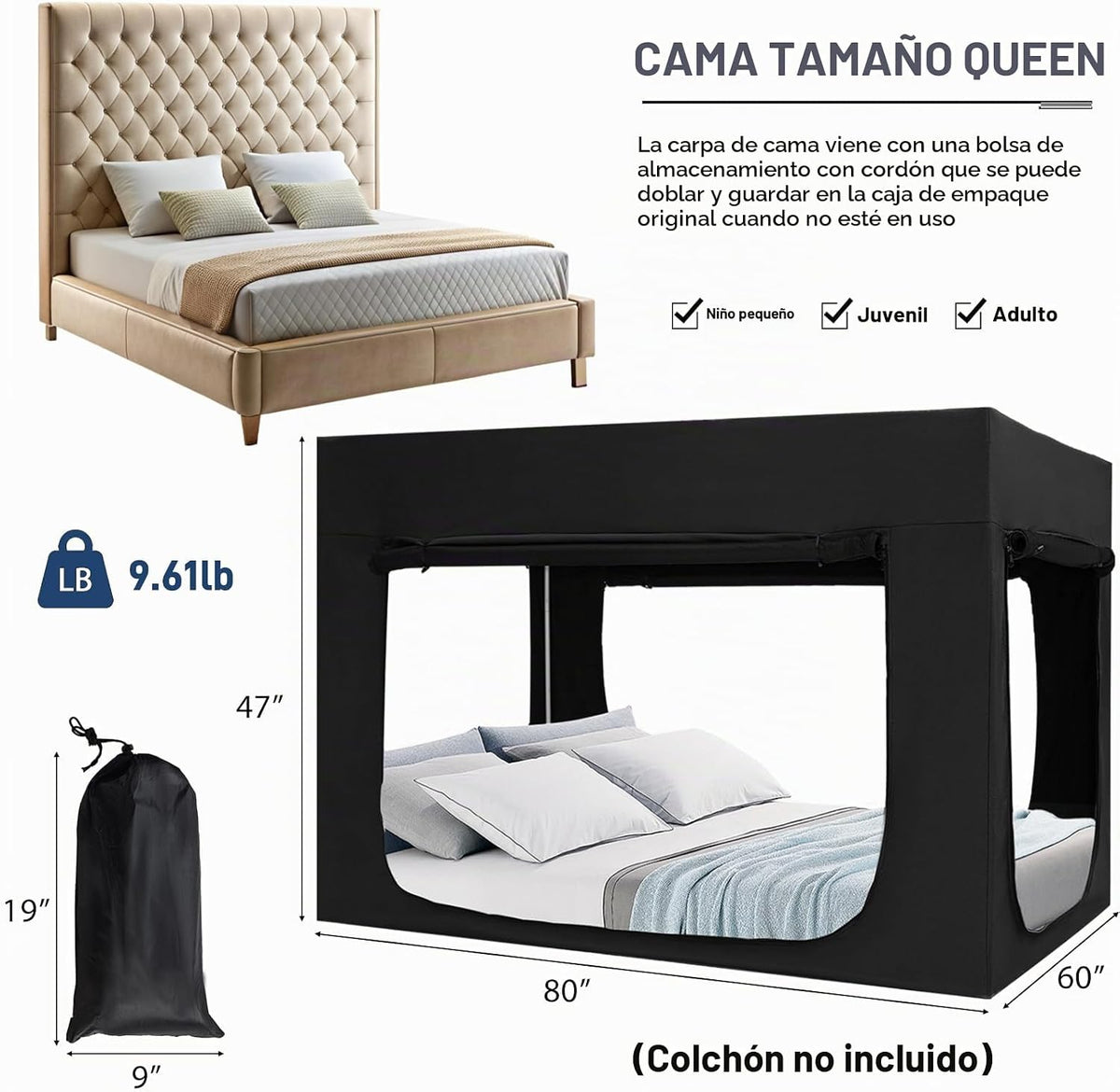 Quinnsus - Tienda de campaña para cama, toldo de cama tamaño Queen...