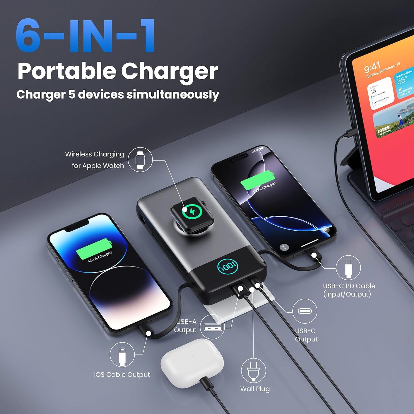Cargador portátil para iPhone, Banco de energía de 40800mAh con cab...