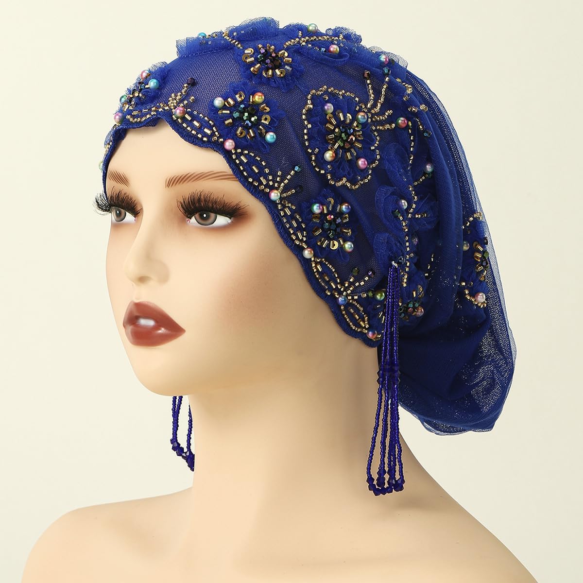 Turbante para mujer, con cuentas de encaje, musulmán, hijab, gorro...