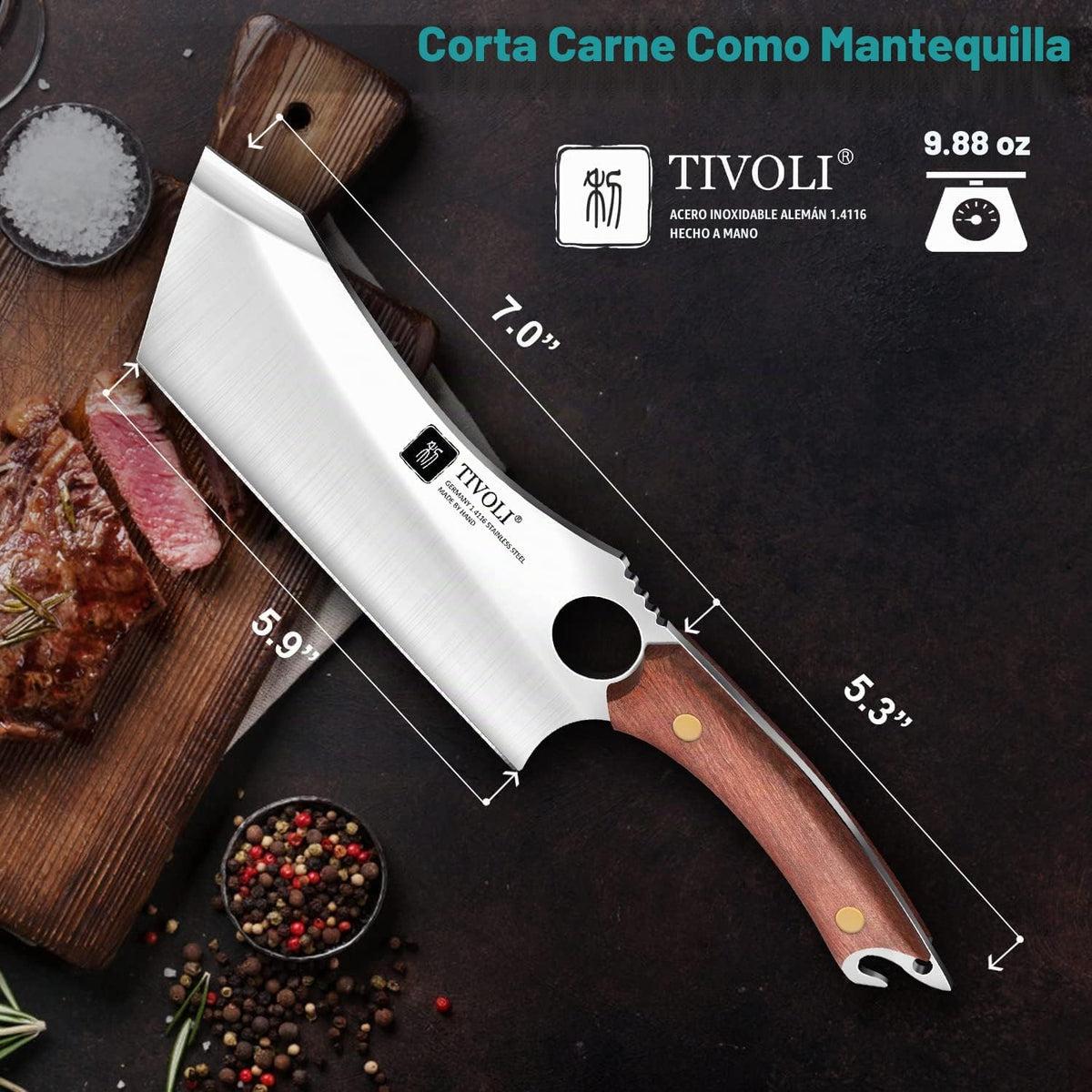 TIVOLI - Cuchillo de carnicero de espiga completa con funda y abrid...