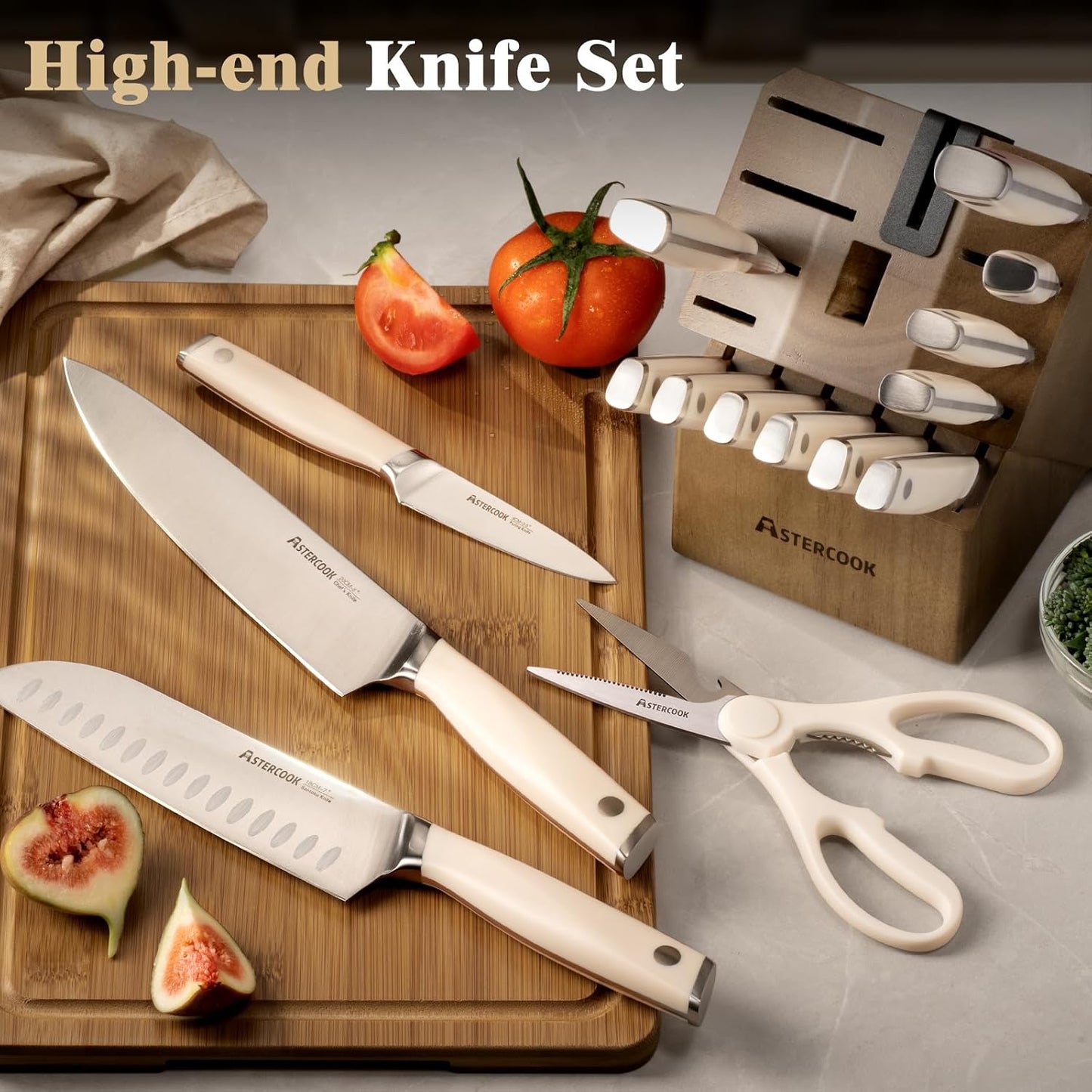 Astercook Juego de cuchillos de cocina con bloque y afilador Premiu...