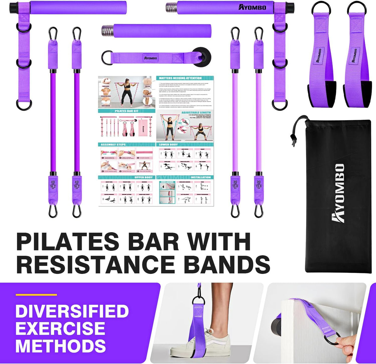 Kit de barra de pilates Ayombo con bandas de resistencia, equipo de...
