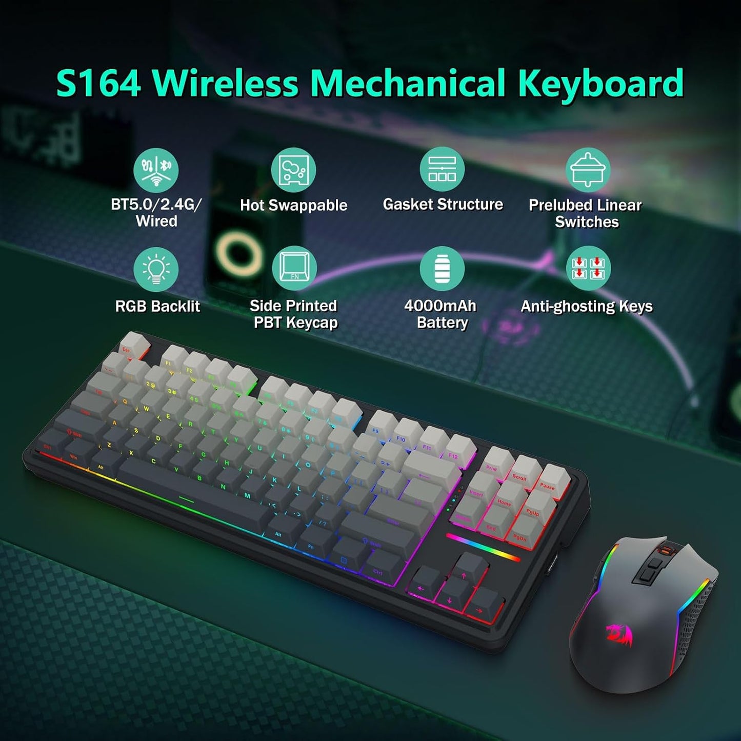 Redragon Combo de teclado mecánico inalámbrico y mouse, Bluetooth\/...