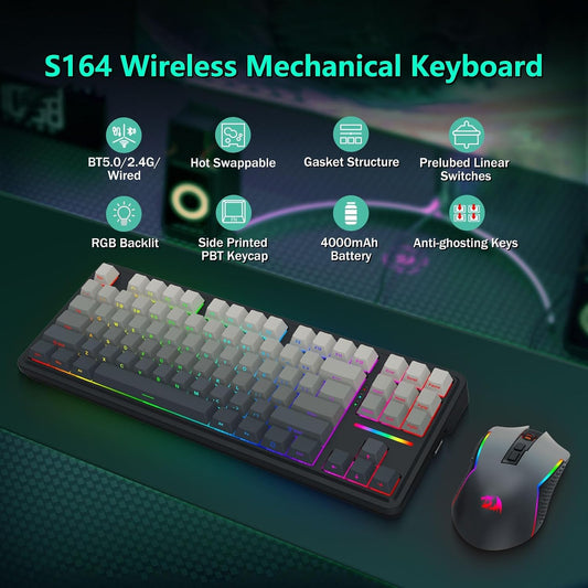 Redragon Combo de teclado mecánico inalámbrico y mouse, Bluetooth\/...