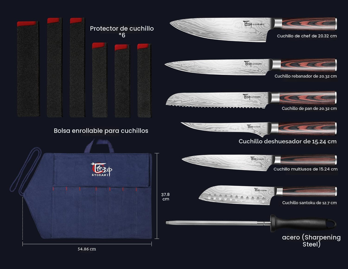 SYOKAMI Juego de cuchillos de chef de 14 piezas con bolsa de rollo,...