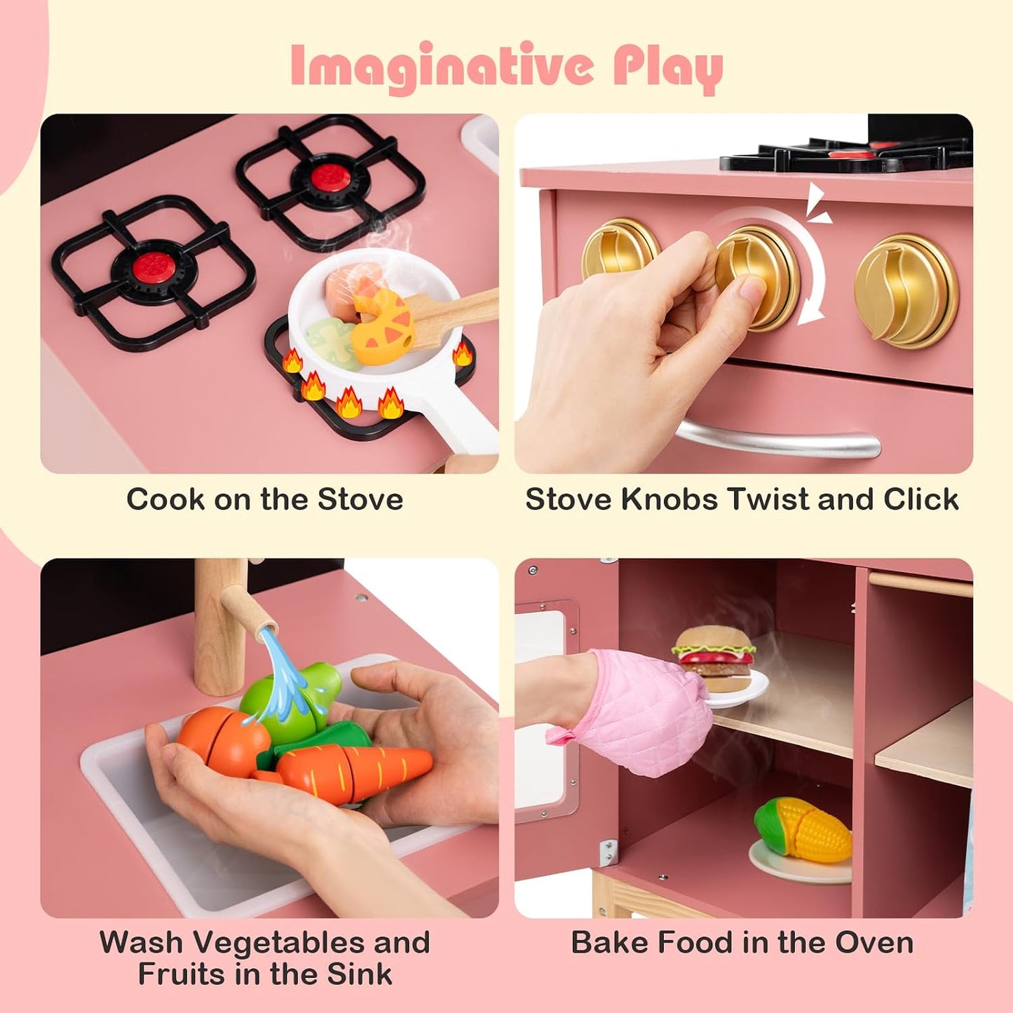 HONEY JOY Juego de cocina rosa para niños, cocina de madera para ni...